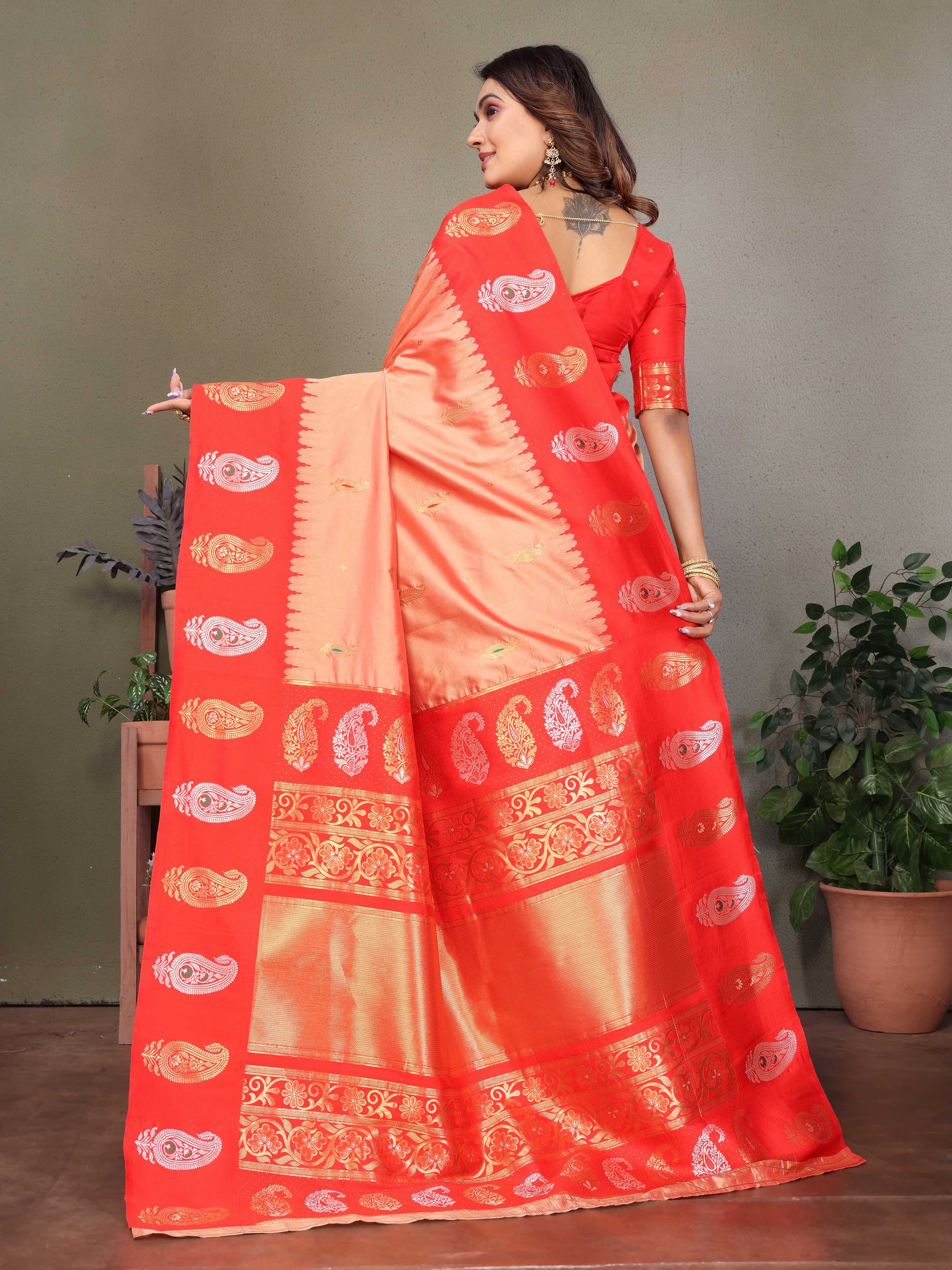 Sonakshi Women's Peach Banarasi Silk Zari Woven Traditional Saree with Blouse