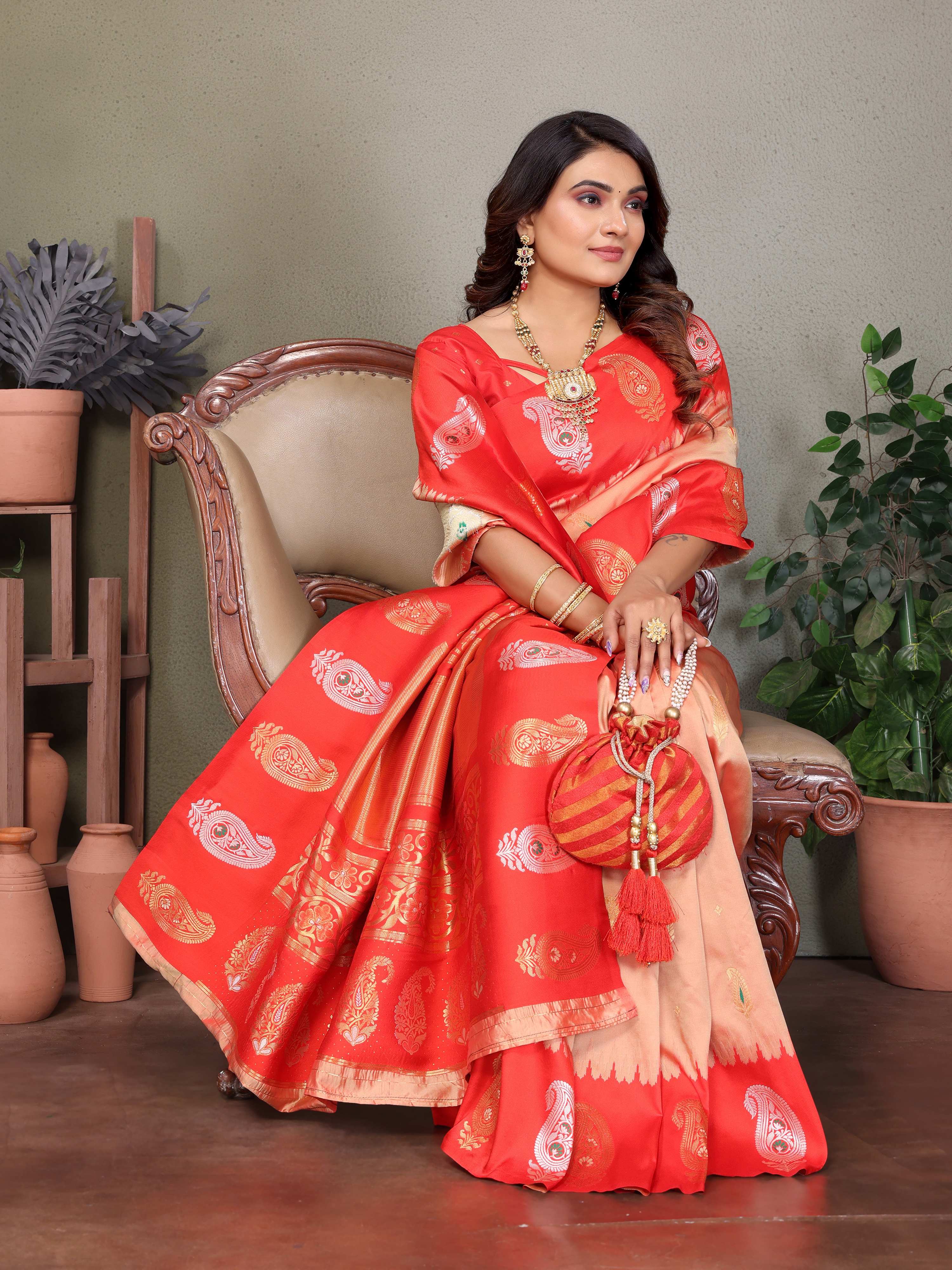Sonakshi Women's Peach Banarasi Silk Zari Woven Traditional Saree with Blouse