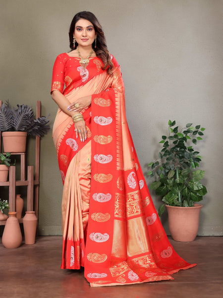 Sonakshi Women's Peach Banarasi Silk Zari Woven Traditional Saree with Blouse