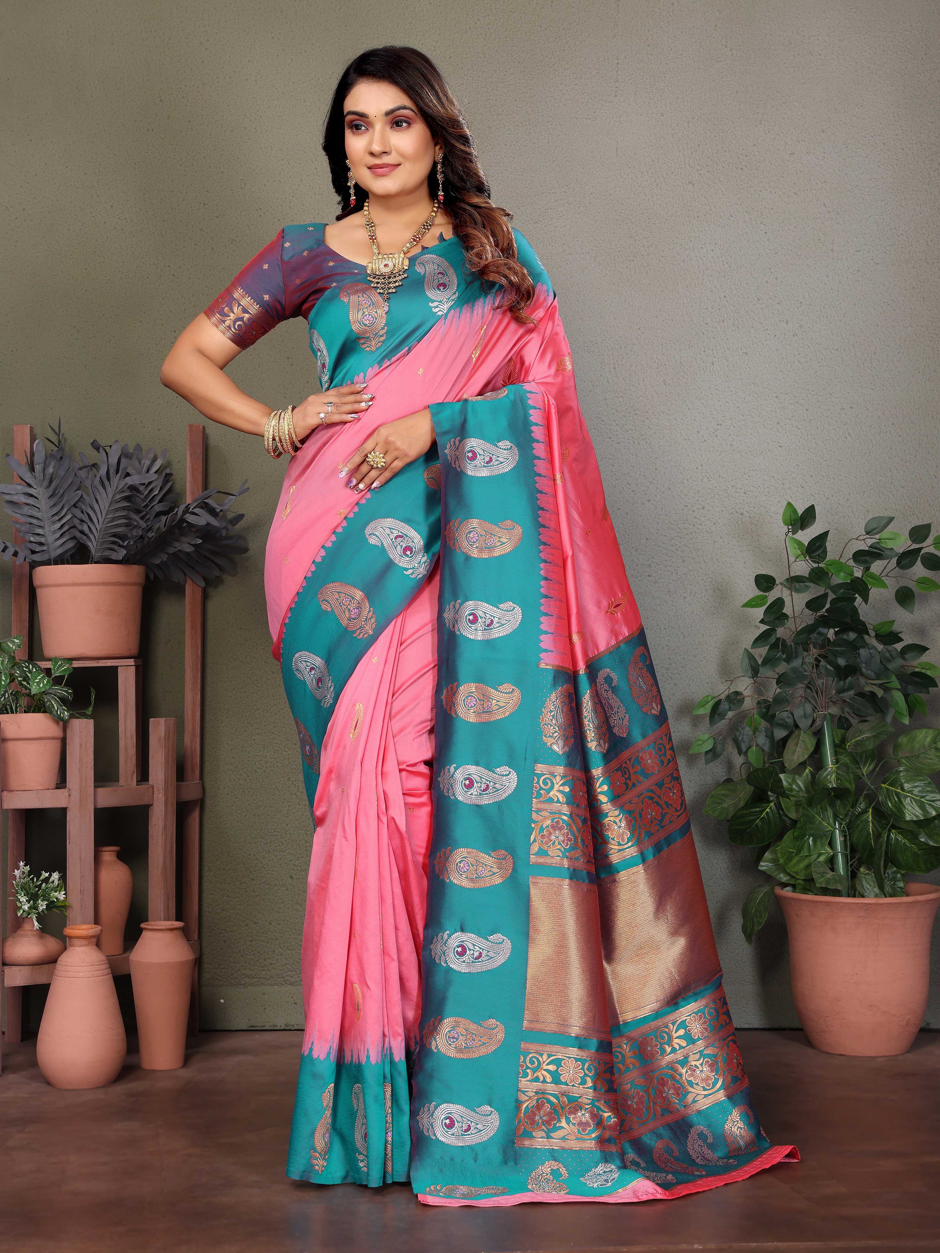 Sonakshi Women's Babypink Banarasi Silk Zari Woven Traditional Saree with Blouse