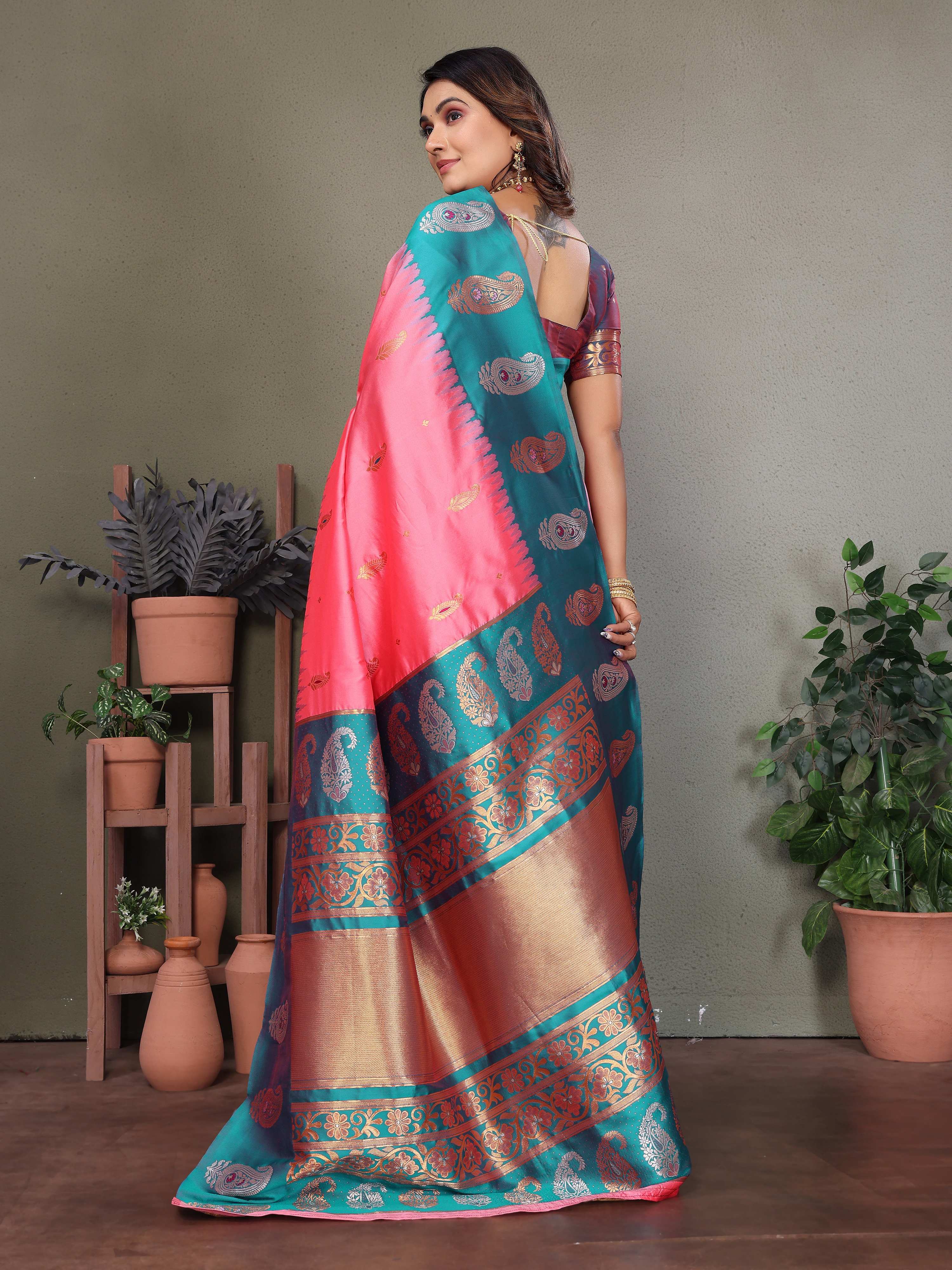Sonakshi Women's Babypink Banarasi Silk Zari Woven Traditional Saree with Blouse