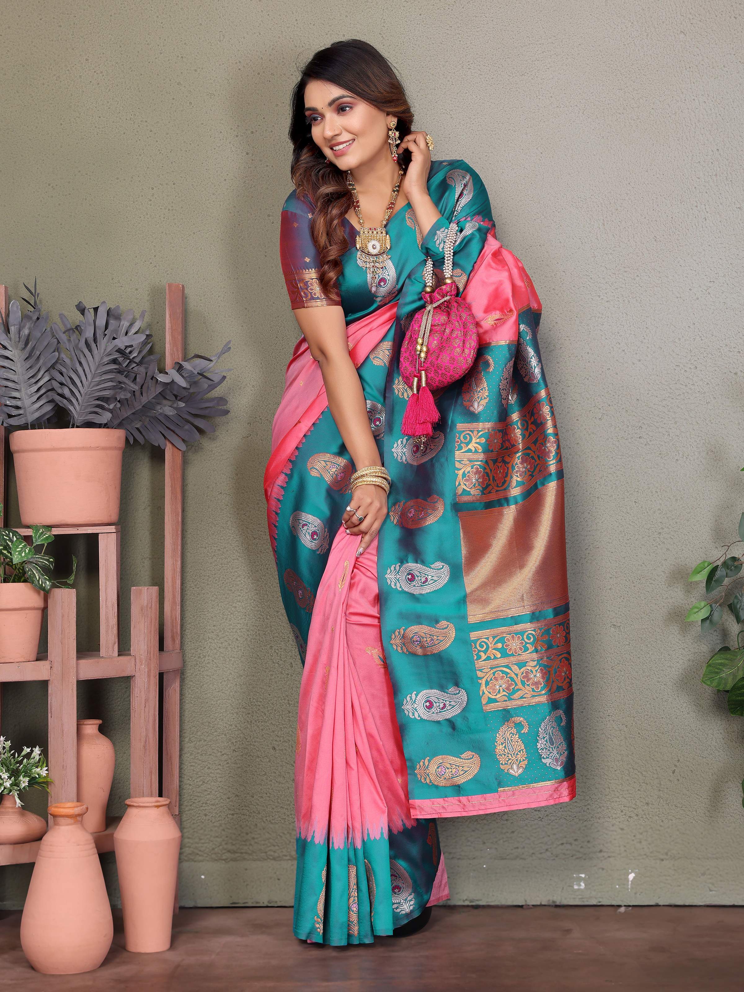 Sonakshi Women's Babypink Banarasi Silk Zari Woven Traditional Saree with Blouse