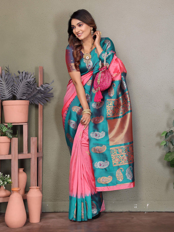 Sonakshi Women's Babypink Banarasi Silk Zari Woven Traditional Saree with Blouse