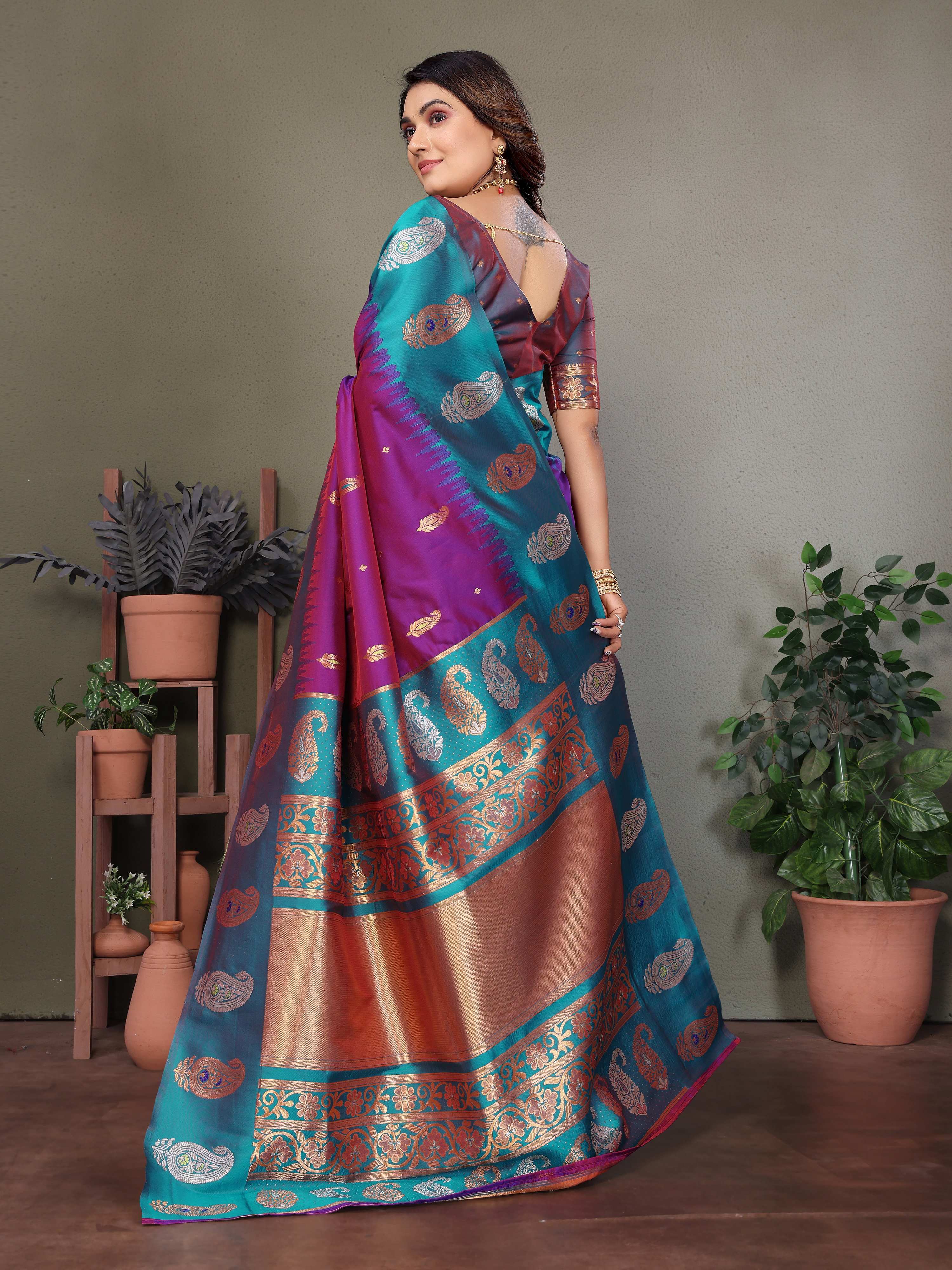 Sonakshi Women's Purple Banarasi Silk Zari Woven Traditional Saree with Blouse