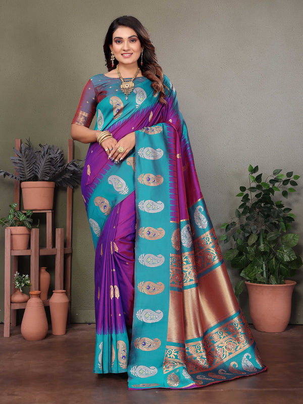 Sonakshi Women's Purple Banarasi Silk Zari Woven Traditional Saree with Blouse
