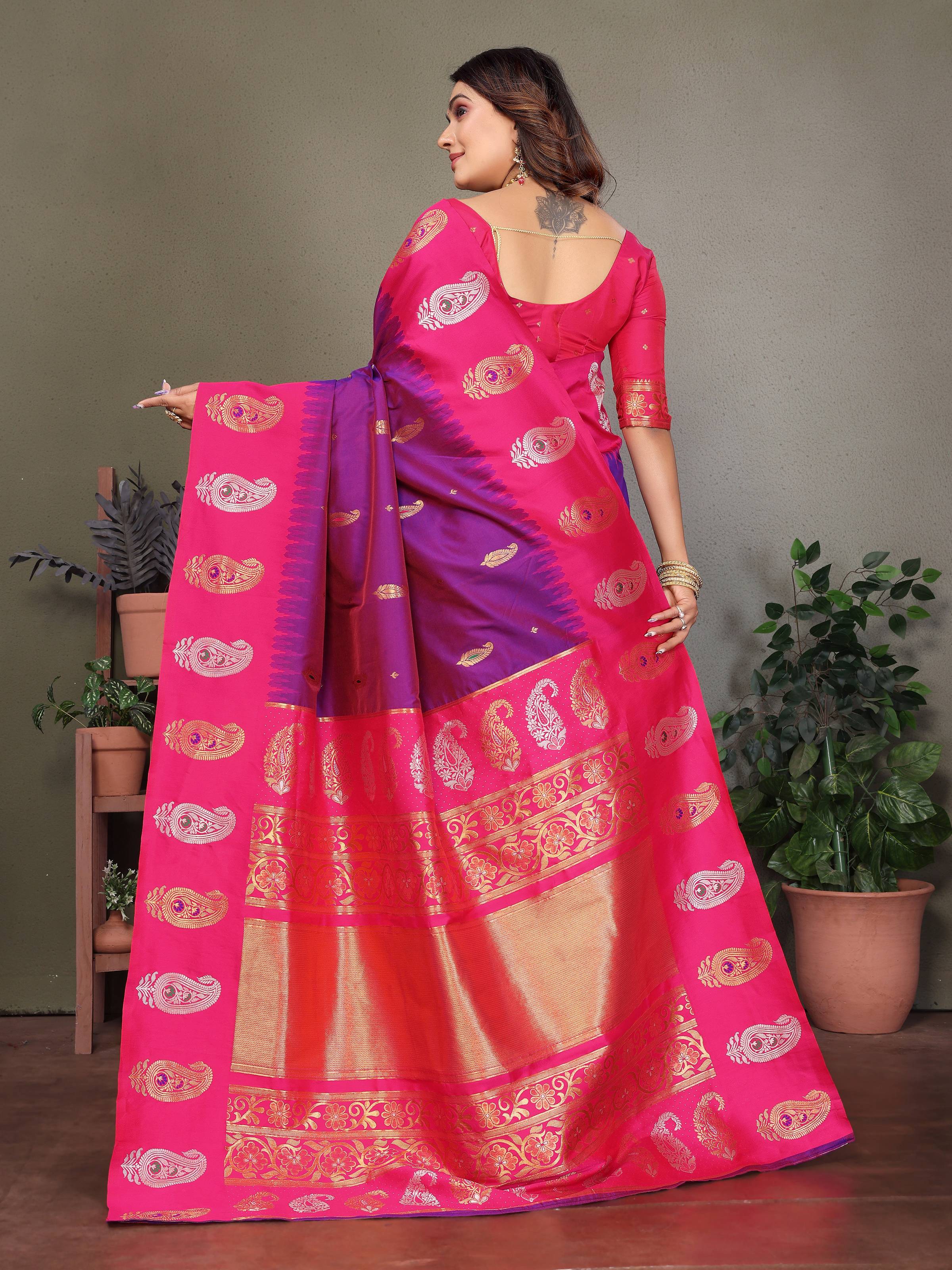 Sonakshi Women's Lavender Banarasi Silk Zari Woven Traditional Saree with Blouse