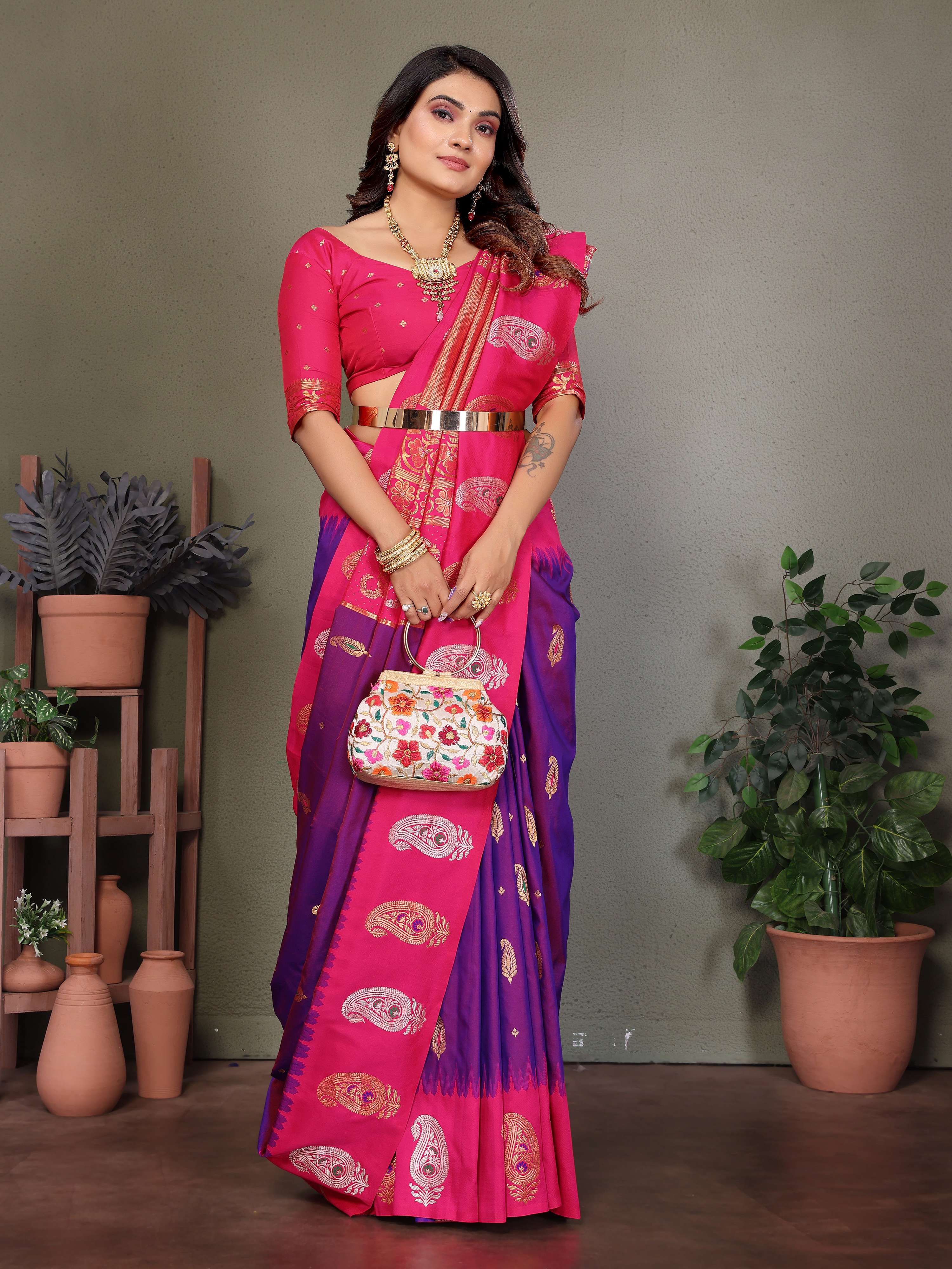 Sonakshi Women's Lavender Banarasi Silk Zari Woven Traditional Saree with Blouse