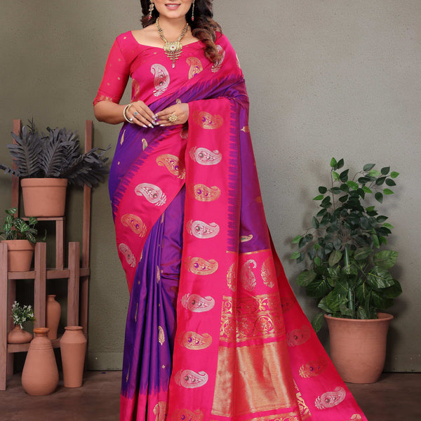Sonakshi Women's Lavender Banarasi Silk Zari Woven Traditional Saree with Blouse - Distacart