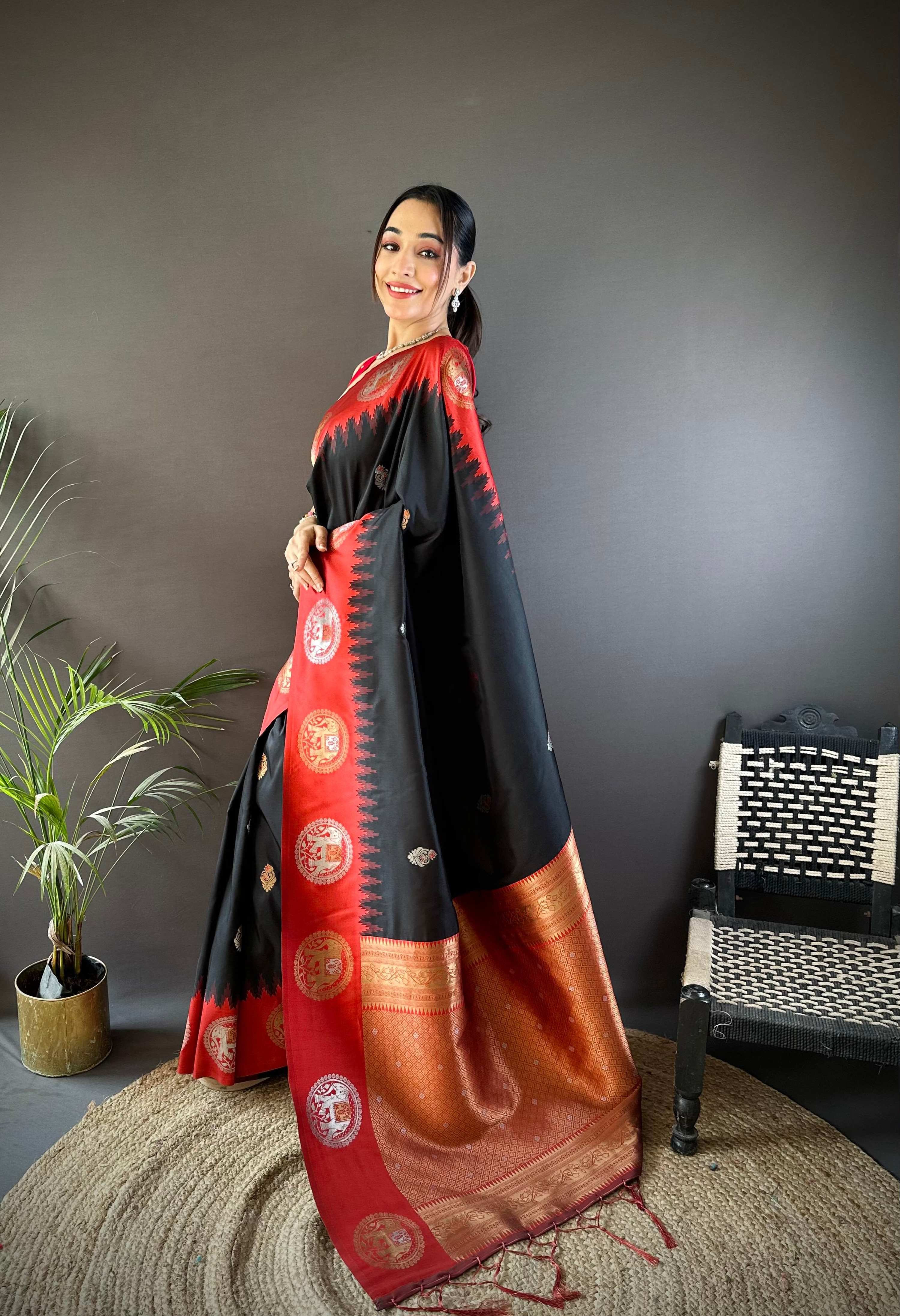 Sonakshi Women's Black Banarasi Silk Zari Woven Traditional Saree with Blouse