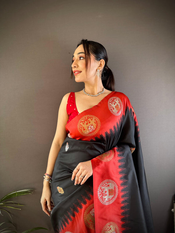 Sonakshi Women's Black Banarasi Silk Zari Woven Traditional Saree with Blouse