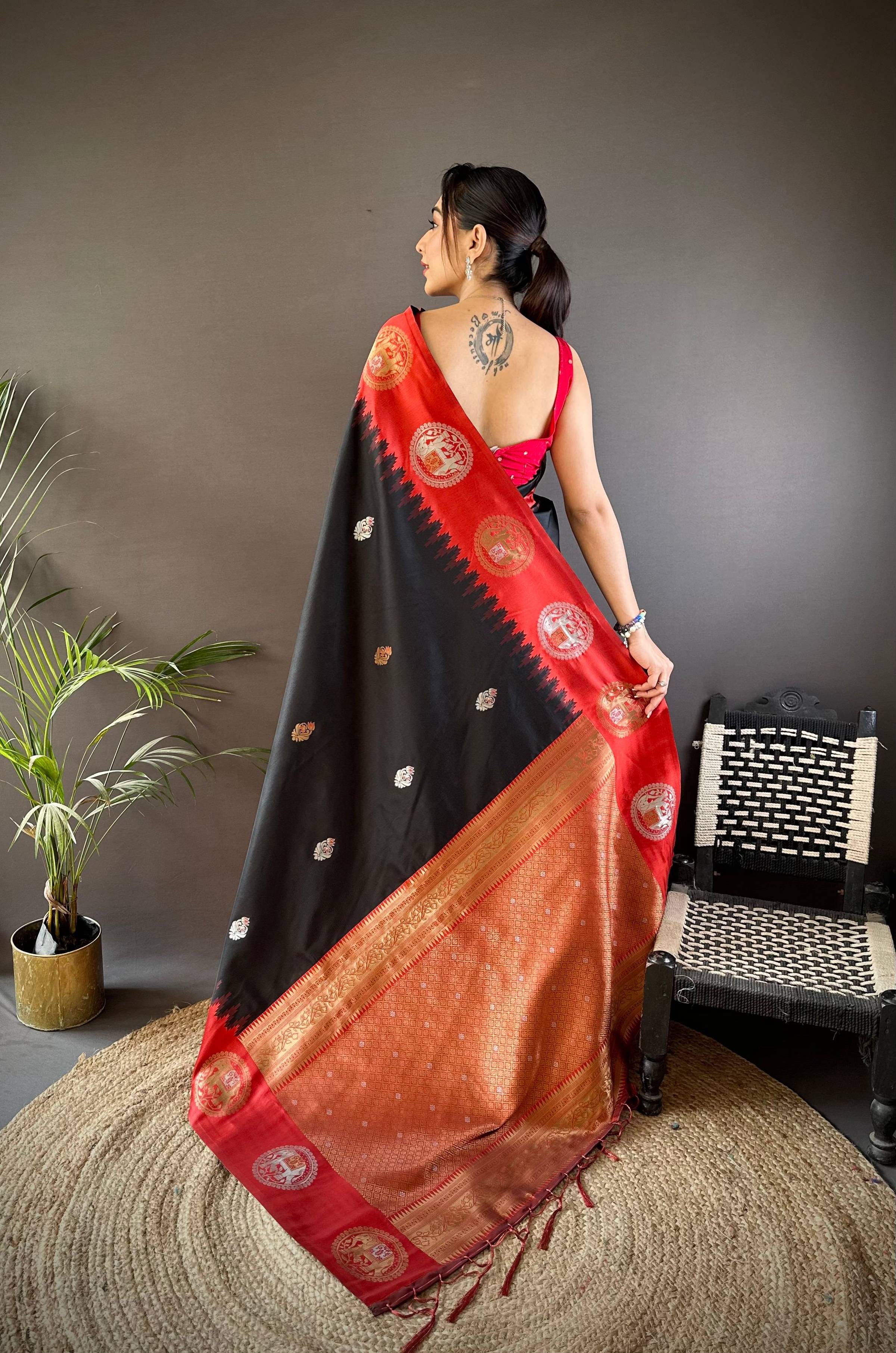 Sonakshi Women's Black Banarasi Silk Zari Woven Traditional Saree with Blouse