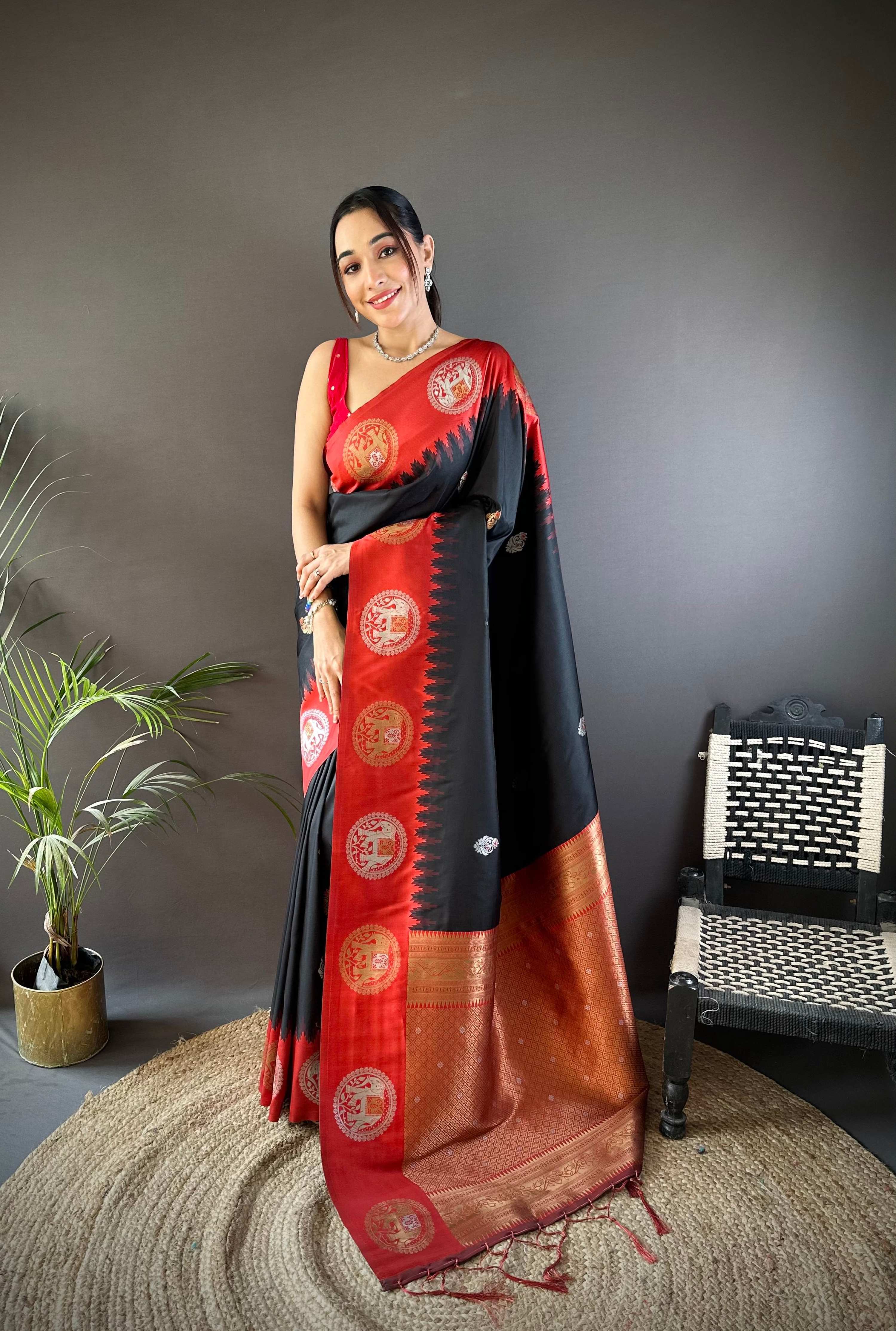 Sonakshi Women's Black Banarasi Silk Zari Woven Traditional Saree with Blouse