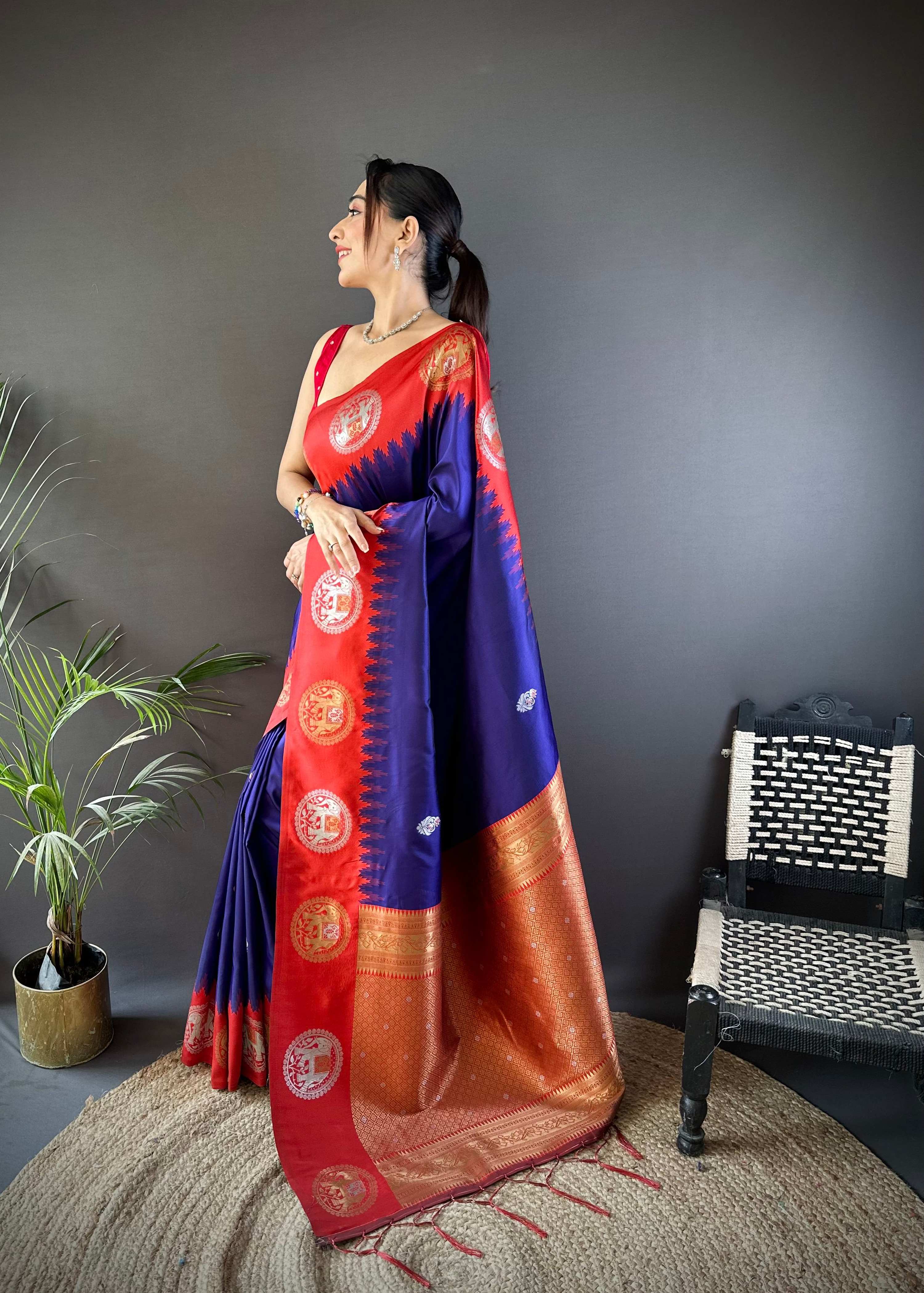 Sonakshi Women's Blue Banarasi Silk Zari Woven Traditional Saree with Blouse