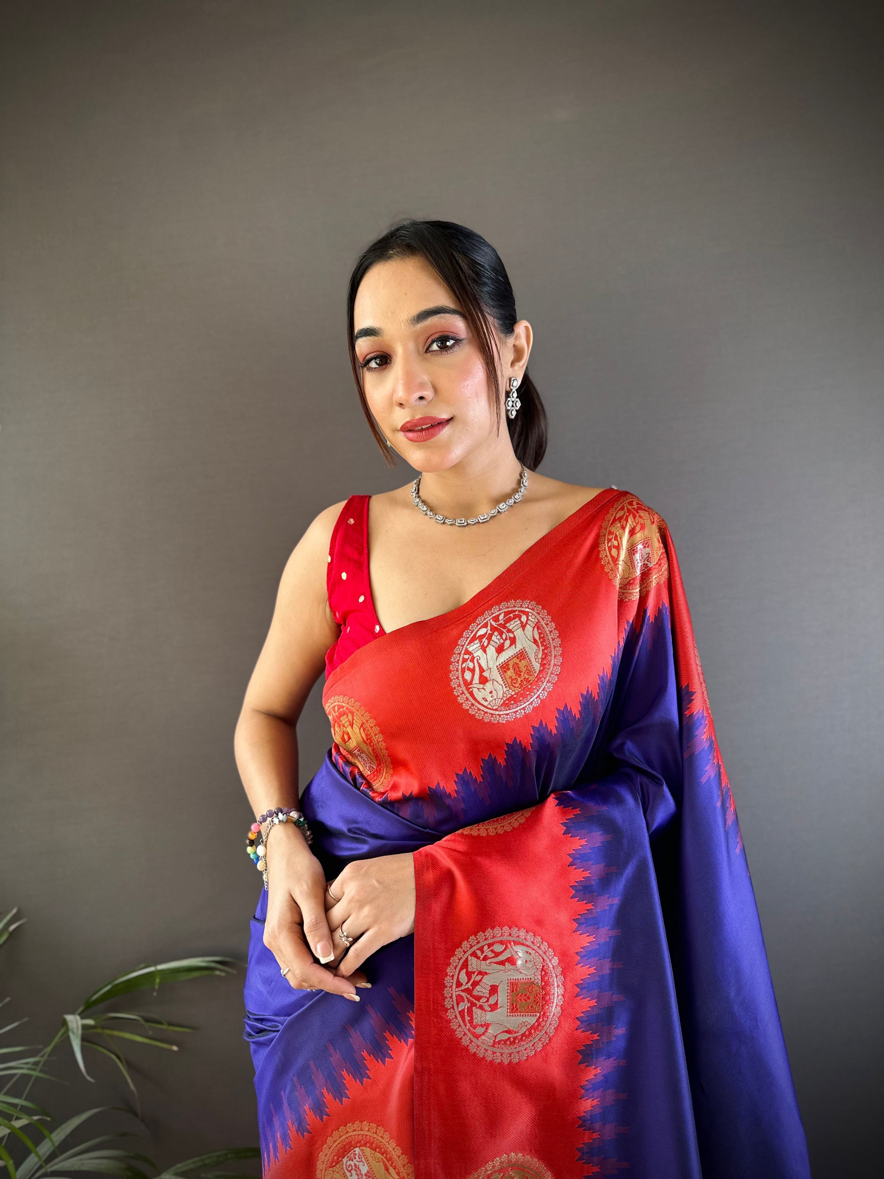 Sonakshi Women's Blue Banarasi Silk Zari Woven Traditional Saree with Blouse