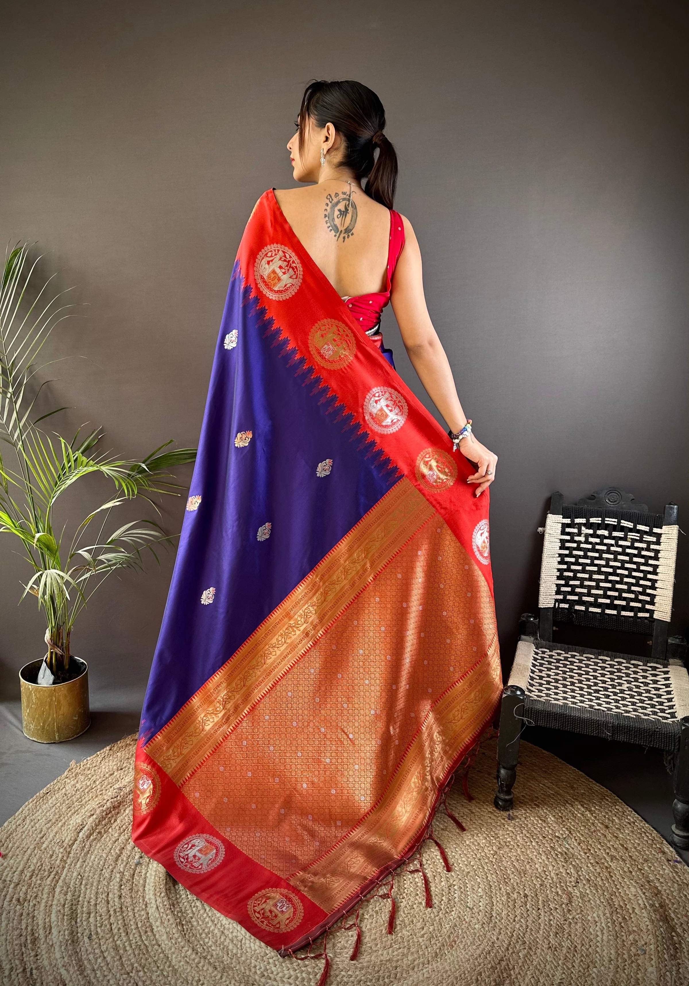 Sonakshi Women's Blue Banarasi Silk Zari Woven Traditional Saree with Blouse