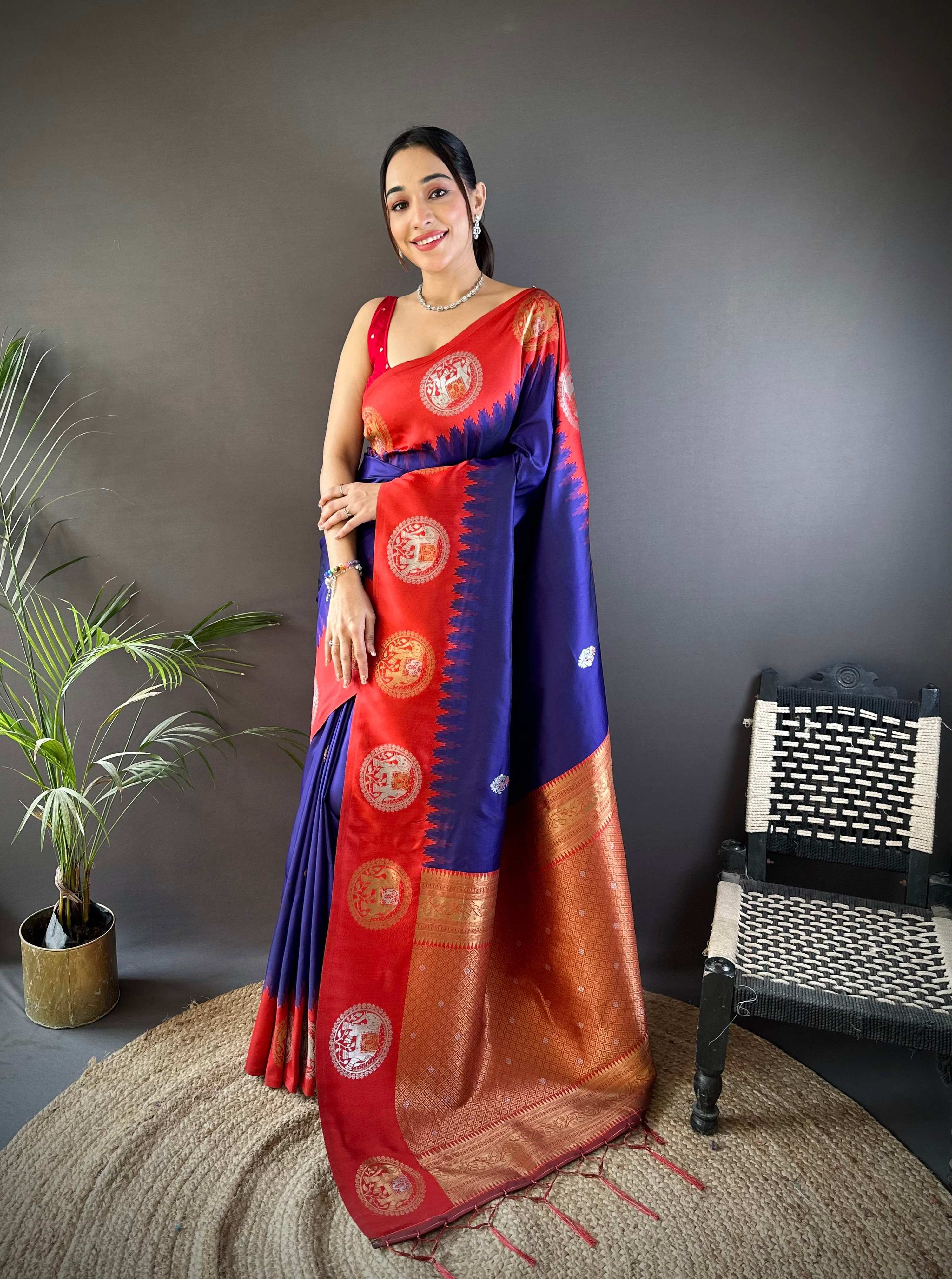 Sonakshi Women's Blue Banarasi Silk Zari Woven Traditional Saree with Blouse