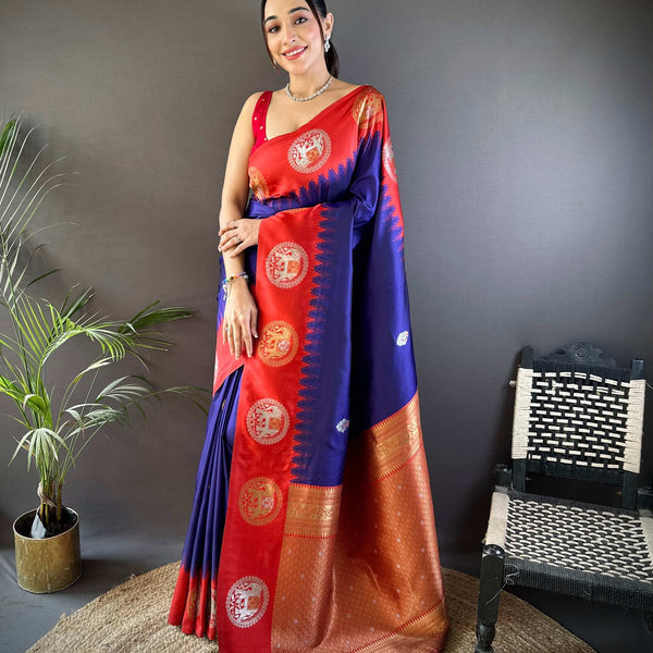 Sonakshi Women's Blue Banarasi Silk Zari Woven Traditional Saree with Blouse - Distacart