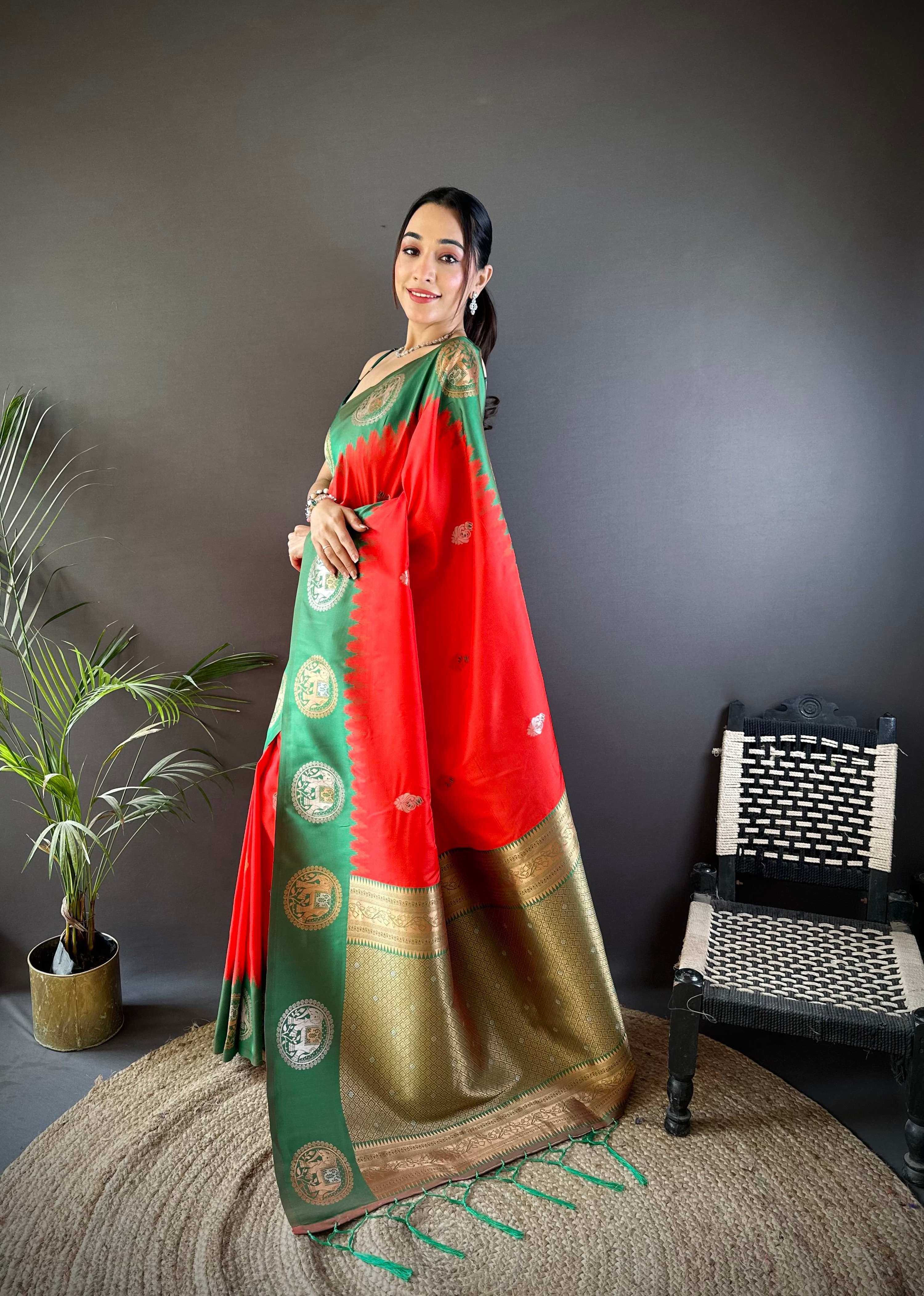 Sonakshi Women's Red Banarasi Silk Zari Woven Traditional Saree with Blouse