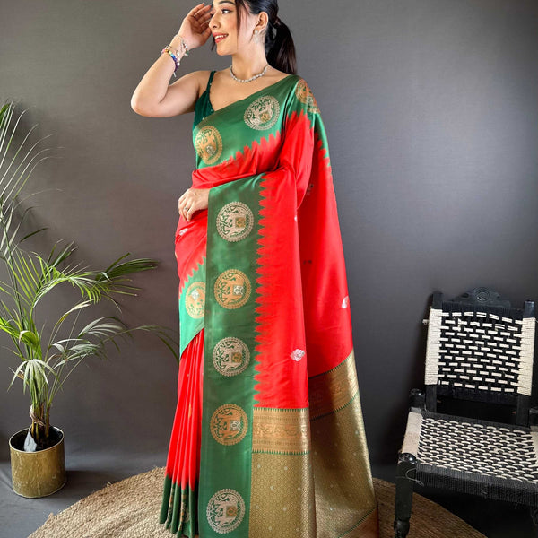 Sonakshi Women's Red Banarasi Silk Zari Woven Traditional Saree with Blouse - Distacart