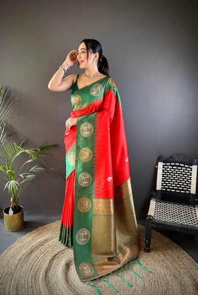 Sonakshi Women's Red Banarasi Silk Zari Woven Traditional Saree with Blouse
