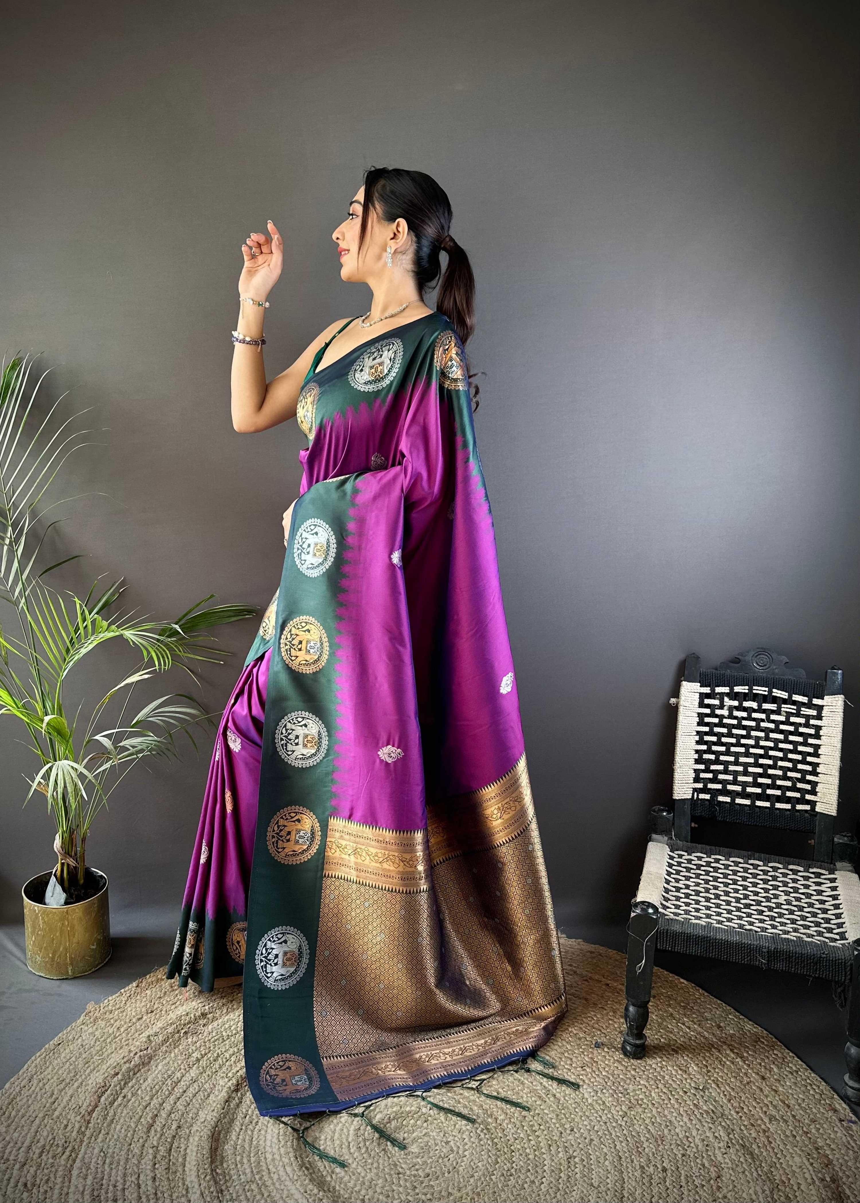 Sonakshi Women's Purple Banarasi Silk Zari Woven Traditional Saree with Blouse