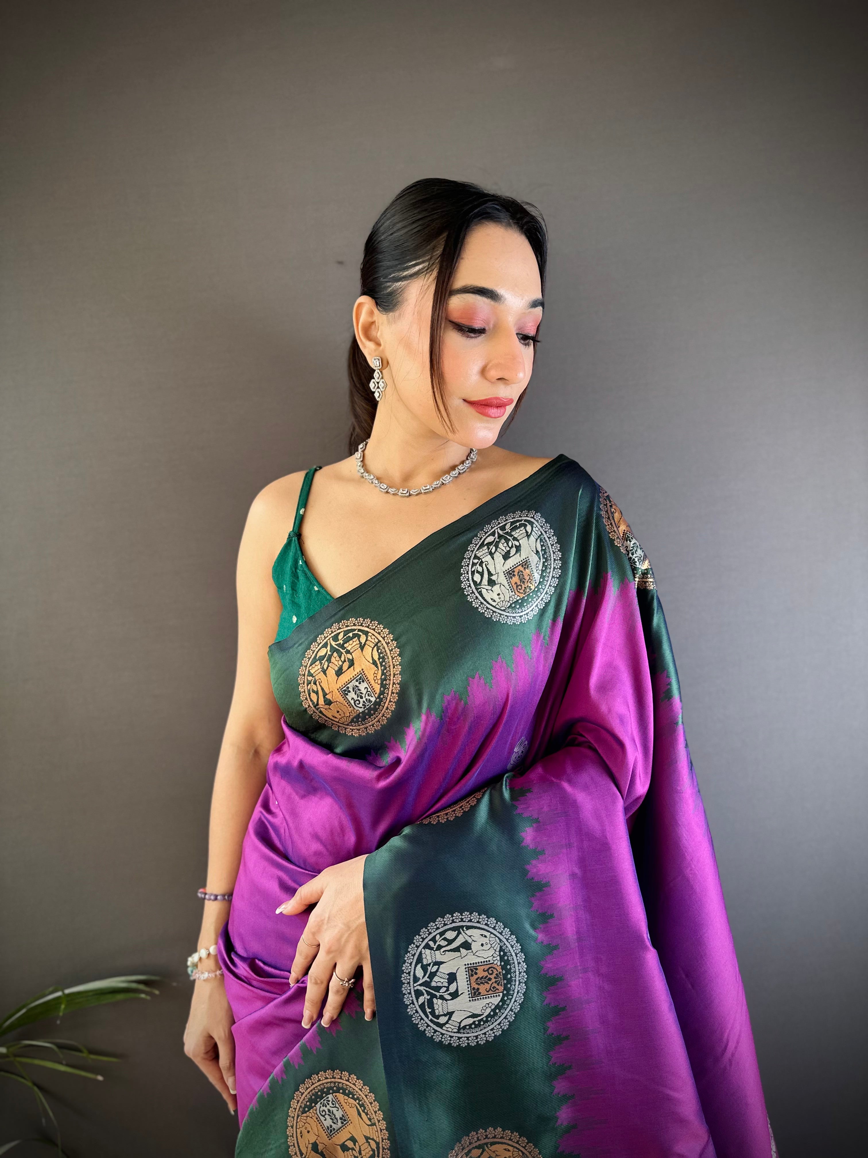 Sonakshi Women's Purple Banarasi Silk Zari Woven Traditional Saree with Blouse