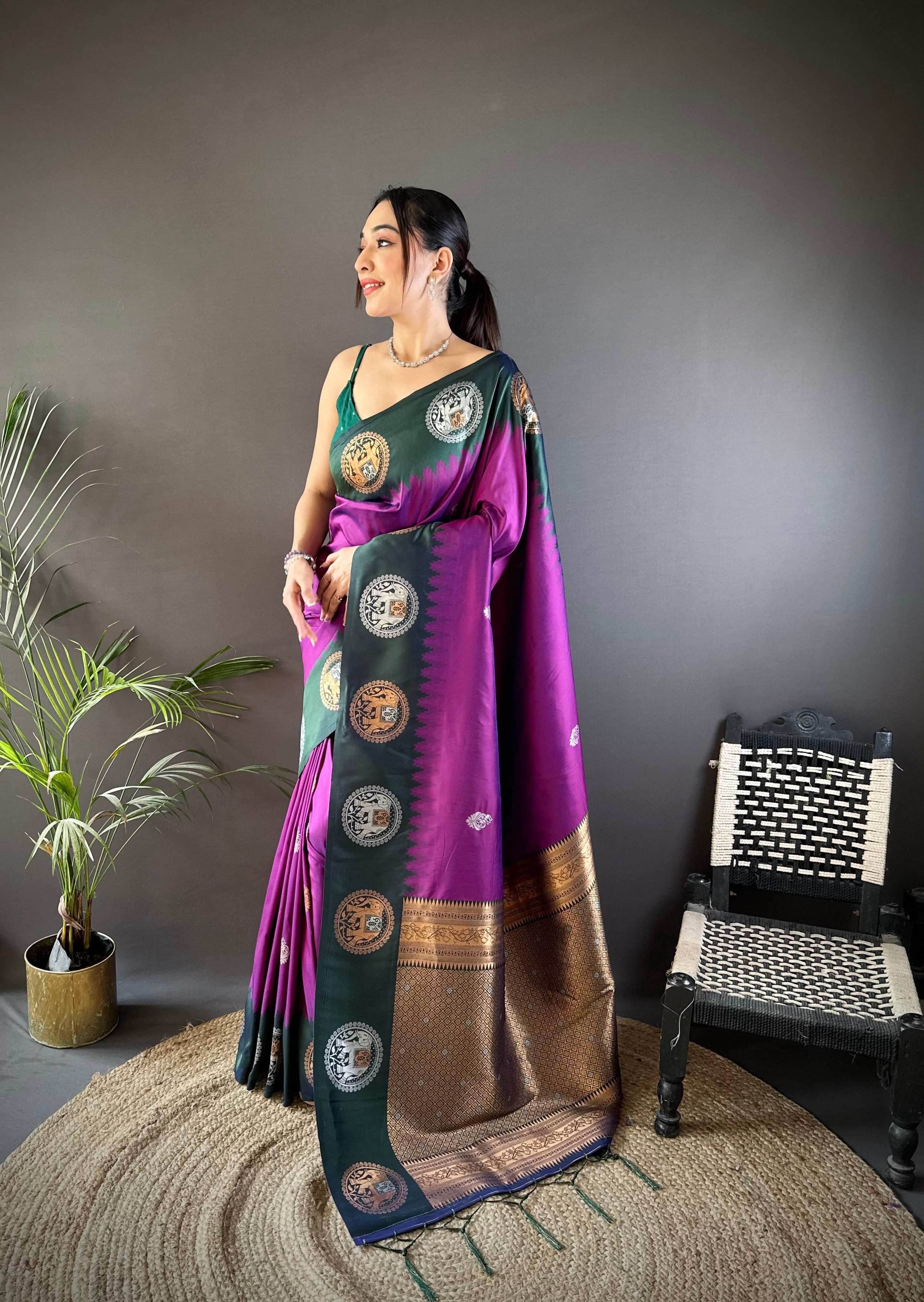 Sonakshi Women's Purple Banarasi Silk Zari Woven Traditional Saree with Blouse