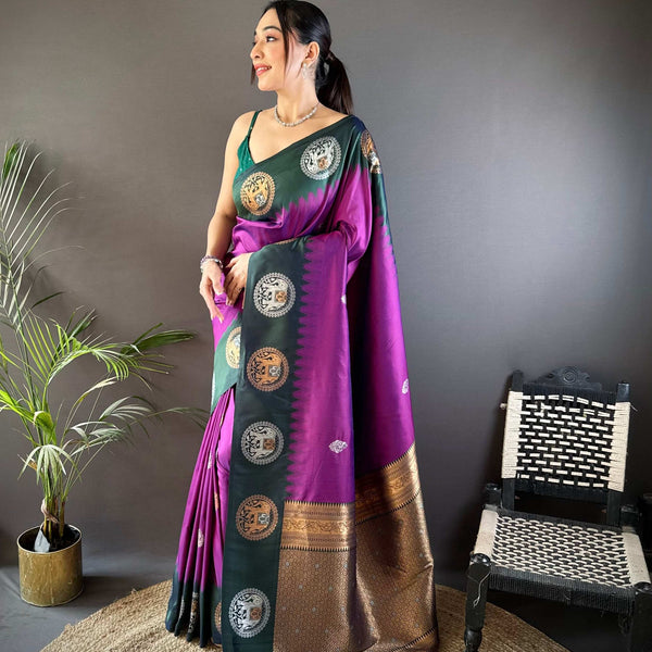 Sonakshi Women's Purple Banarasi Silk Zari Woven Traditional Saree with Blouse - Distacart