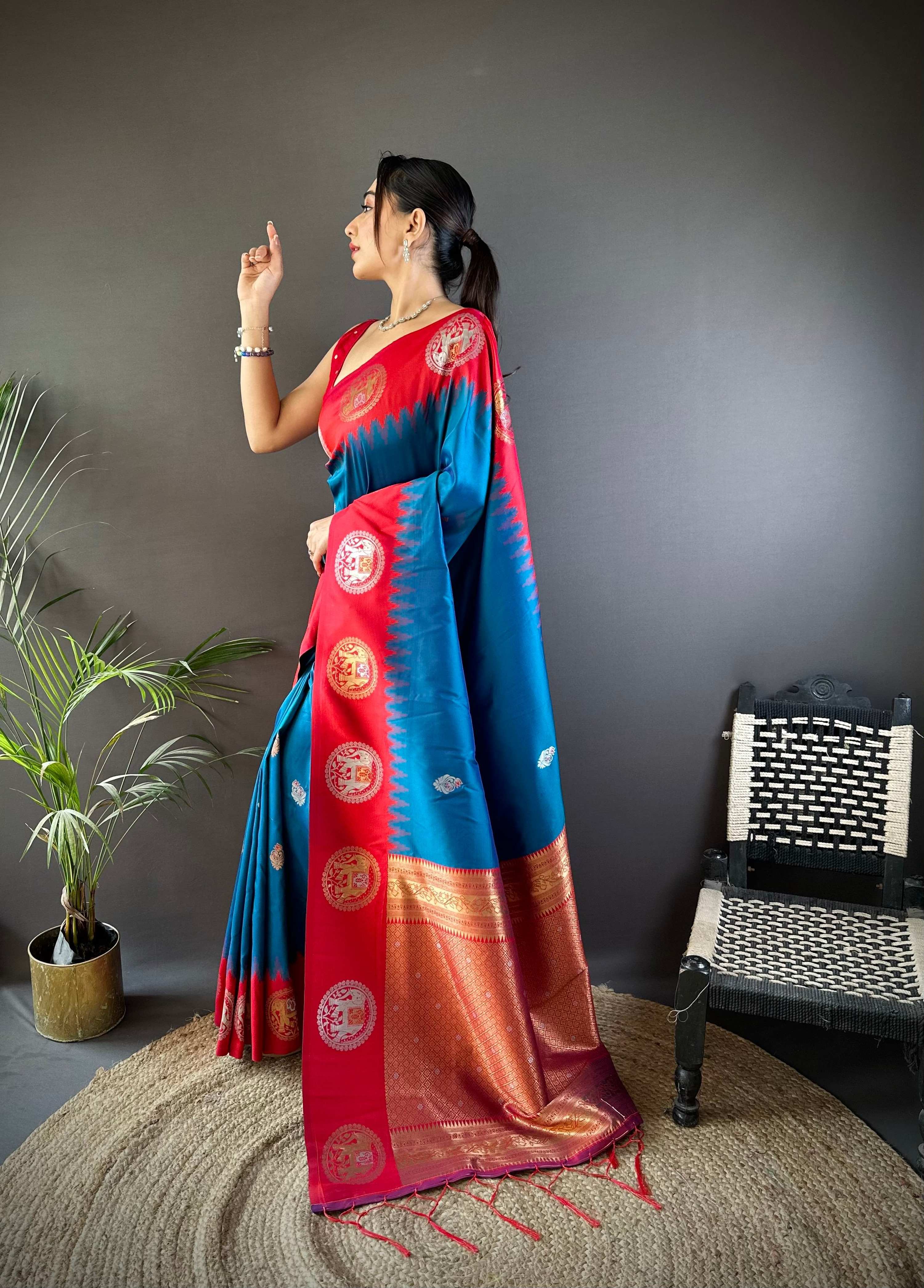 Sonakshi Women's Morepeach Banarasi Silk Zari Woven Traditional Saree with Blouse