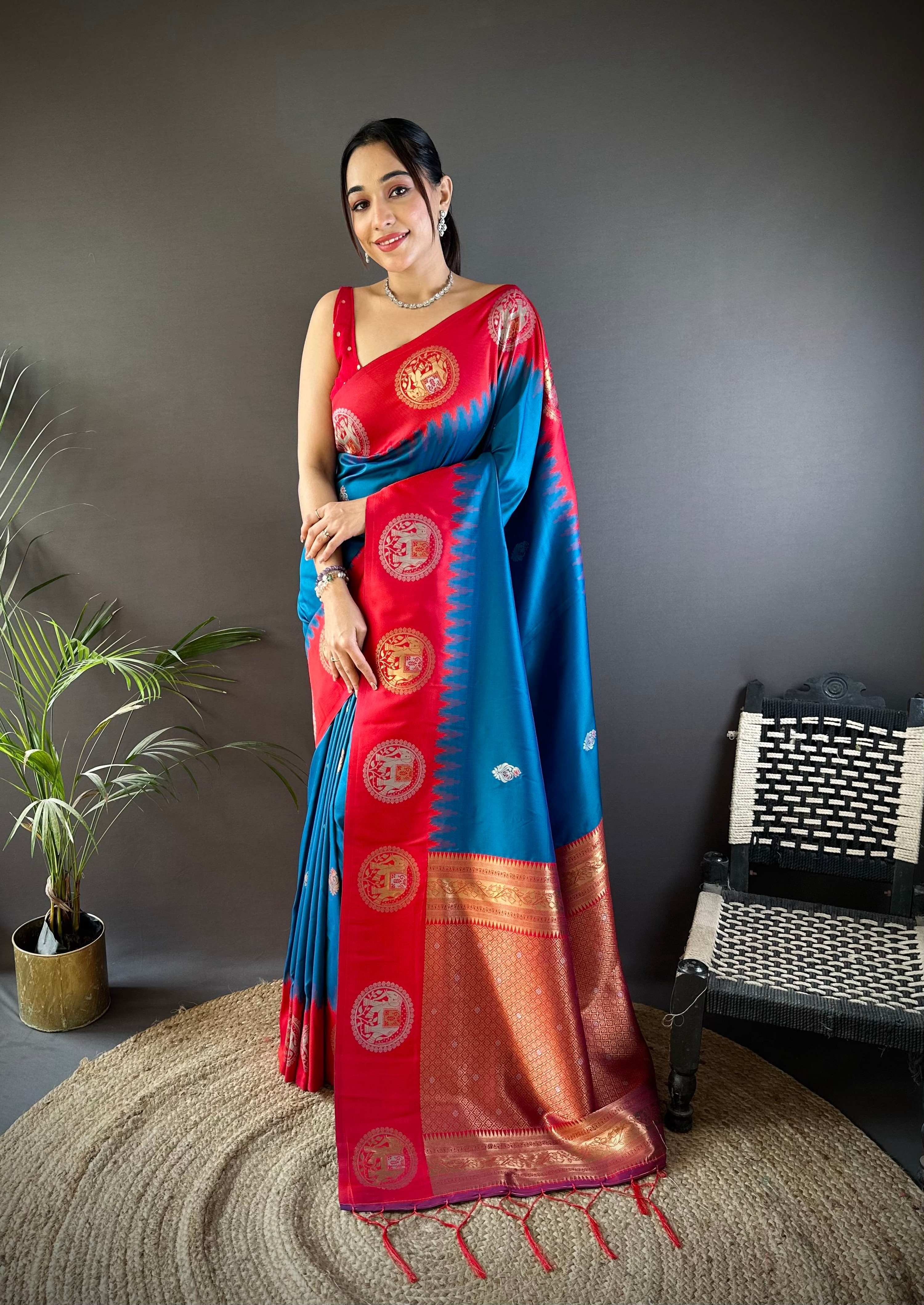 Sonakshi Women's Morepeach Banarasi Silk Zari Woven Traditional Saree with Blouse