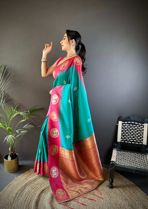 Sonakshi Women's Seagreen Banarasi Silk Zari Woven Traditional Saree with Blouse