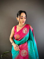 Thumbnail for Sonakshi Women's Seagreen Banarasi Silk Zari Woven Traditional Saree with Blouse