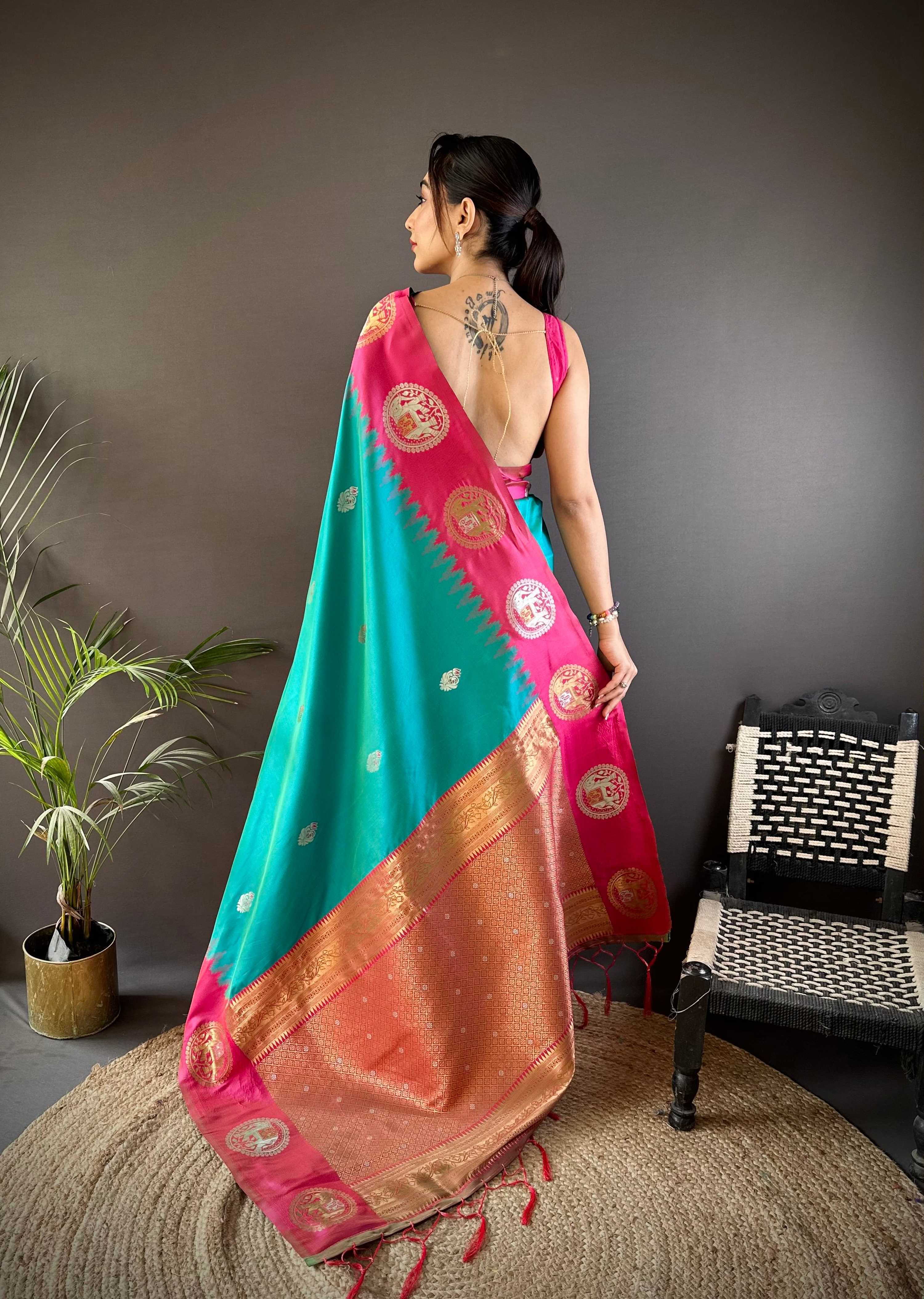Sonakshi Women's Seagreen Banarasi Silk Zari Woven Traditional Saree with Blouse