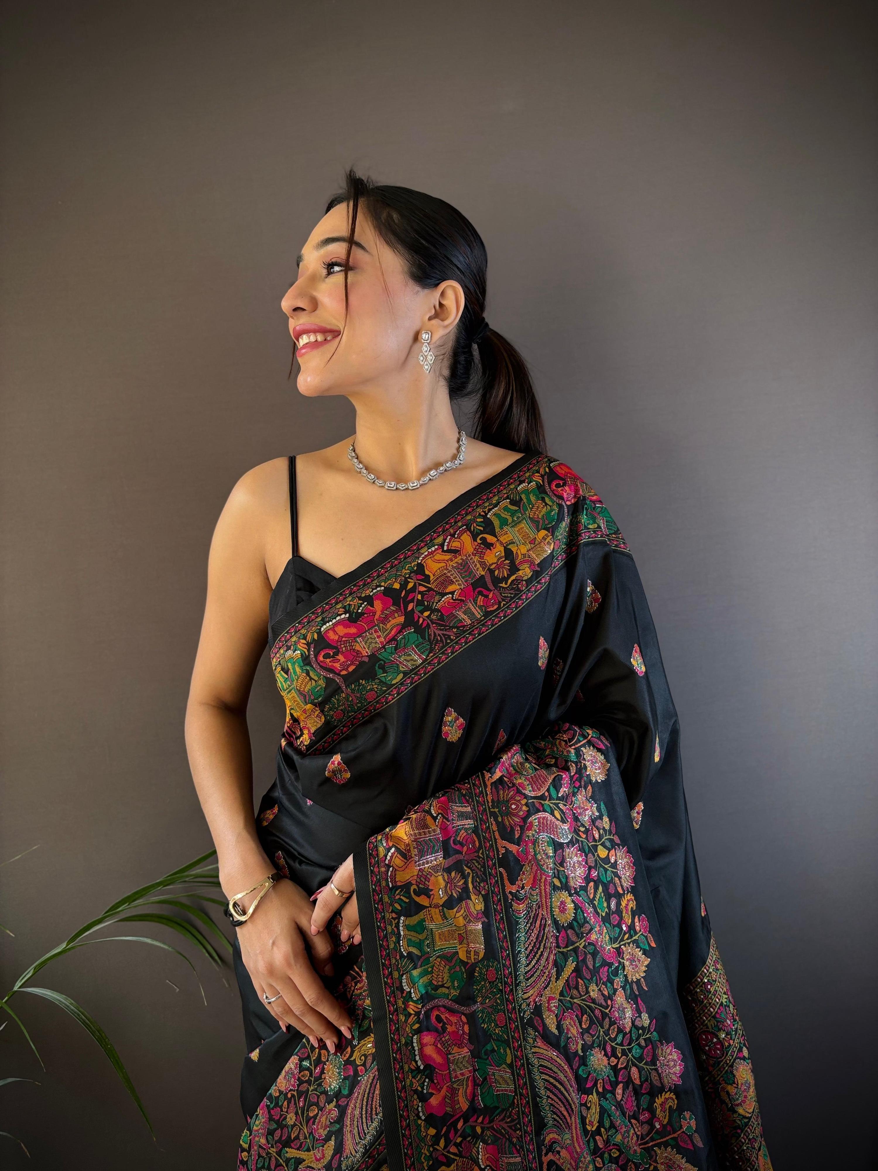 Sonakshi Women's Black Pashmina Silk Zari Woven Traditional Saree with Blouse