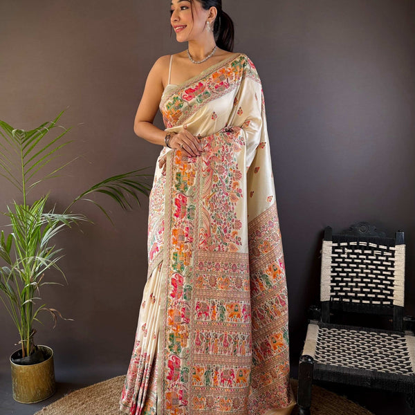 Sonakshi Women's Off White Pashmina Silk Zari Woven Traditional Saree with Blouse - Distacart