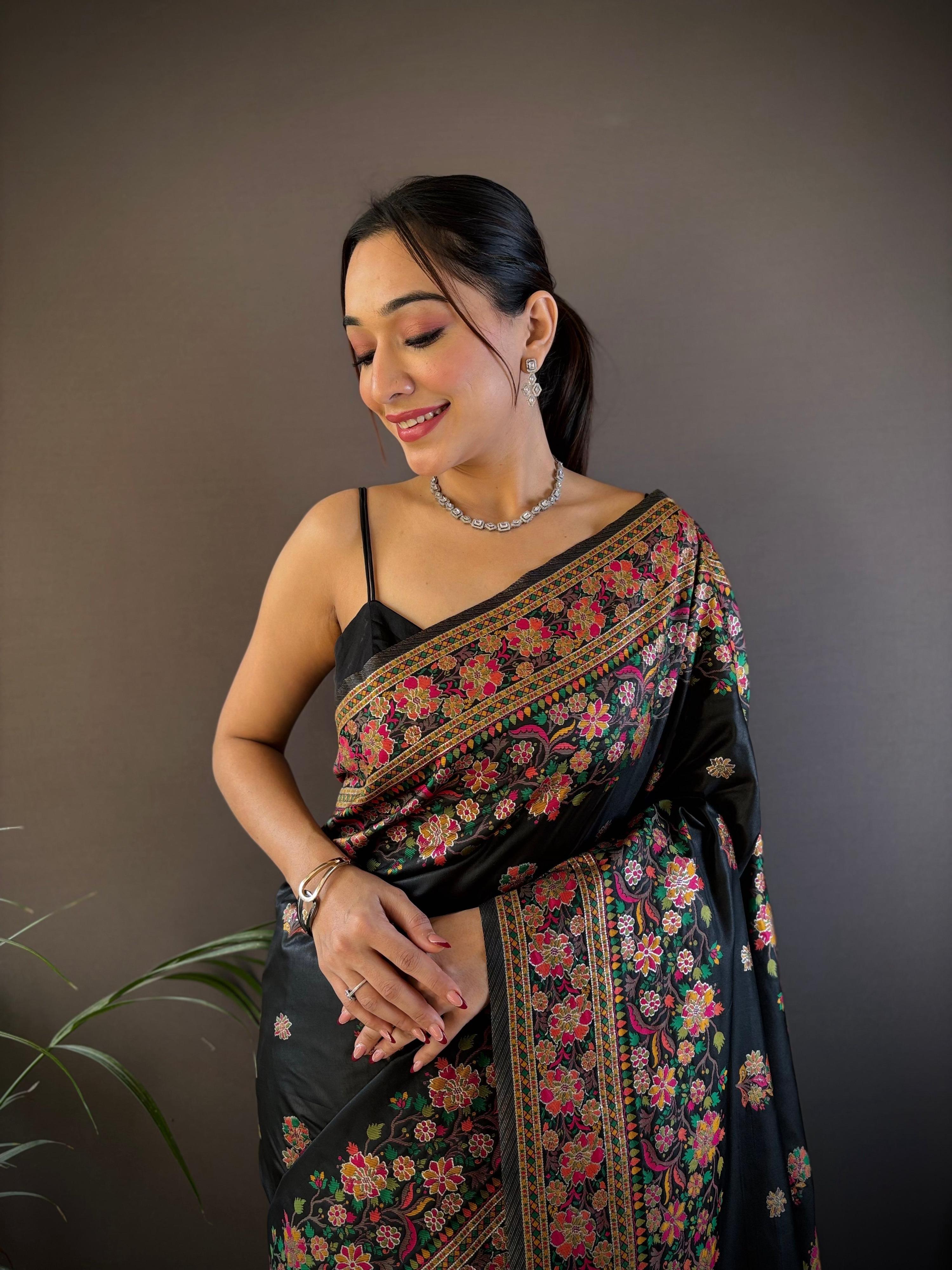 Sonakshi Women's Black Pashmina Silk Zari Woven Traditional Saree with Blouse