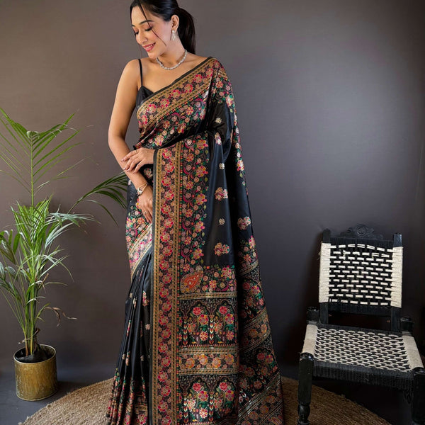 Sonakshi Women's Black Pashmina Silk Zari Woven Traditional Saree with Blouse - Distacart