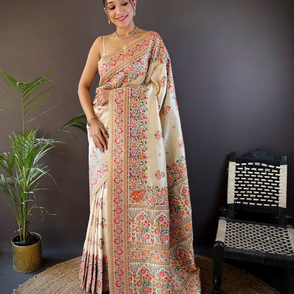 Sonakshi Women's Off White Pashmina Silk Zari Woven Traditional Saree with Blouse - Distacart