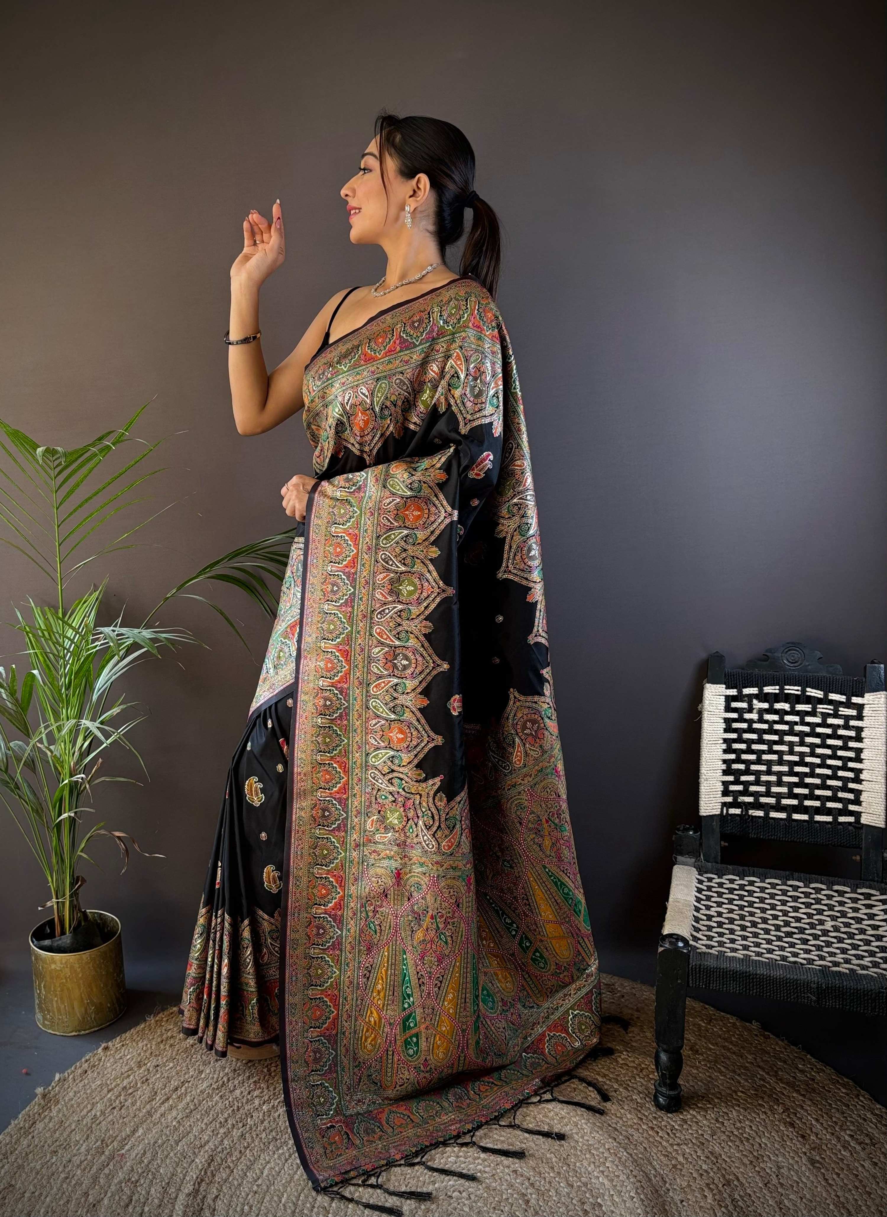 Sonakshi Women's Black Pashmina Silk Zari Woven Traditional Saree with Blouse