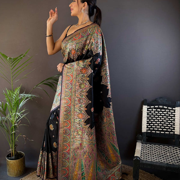 Sonakshi Women's Black Pashmina Silk Zari Woven Traditional Saree with Blouse - Distacart