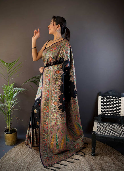 Sonakshi Women's Black Pashmina Silk Zari Woven Traditional Saree with Blouse