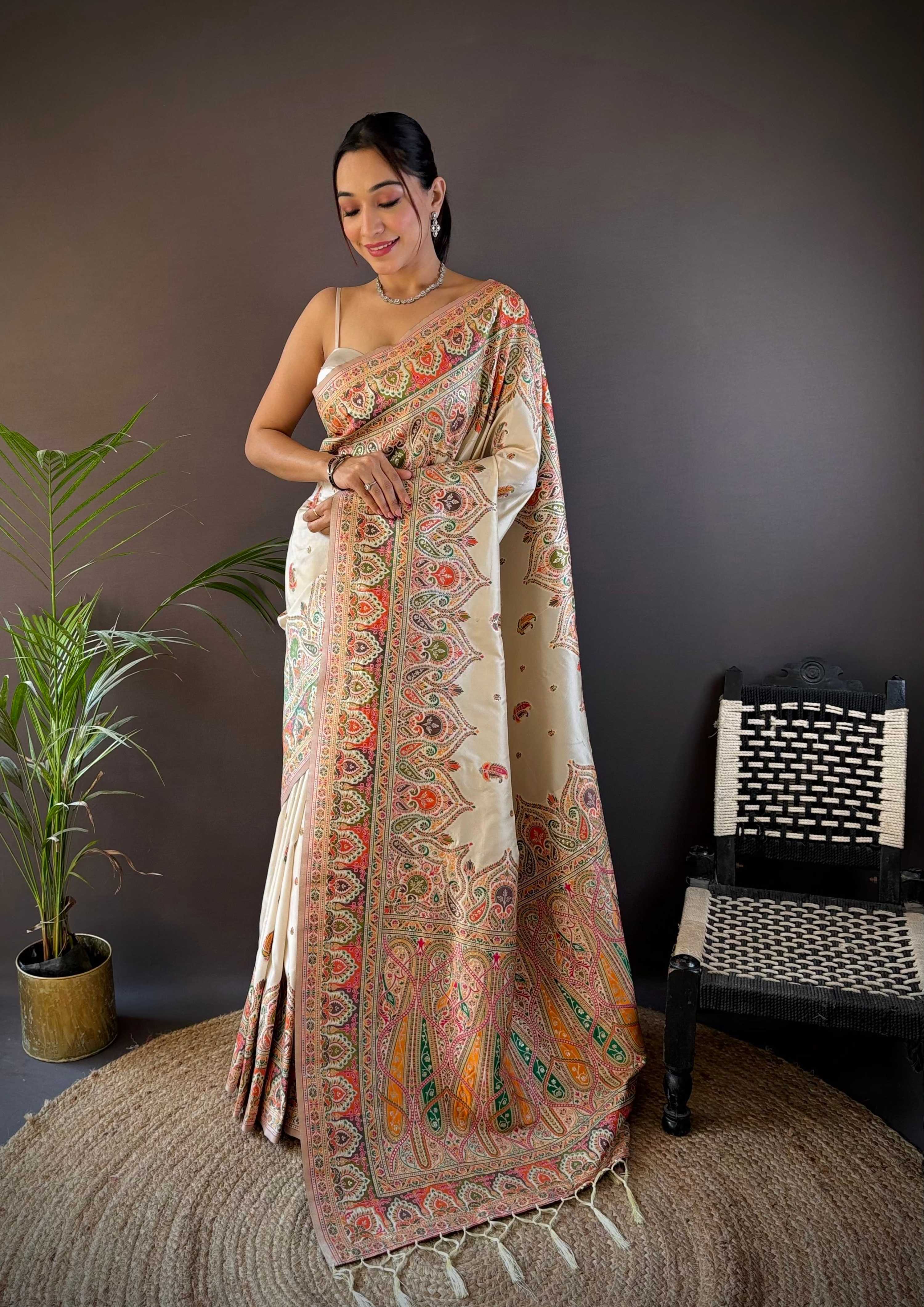 Sonakshi Women's Off White Pashmina Silk Zari Woven Traditional Saree with Blouse