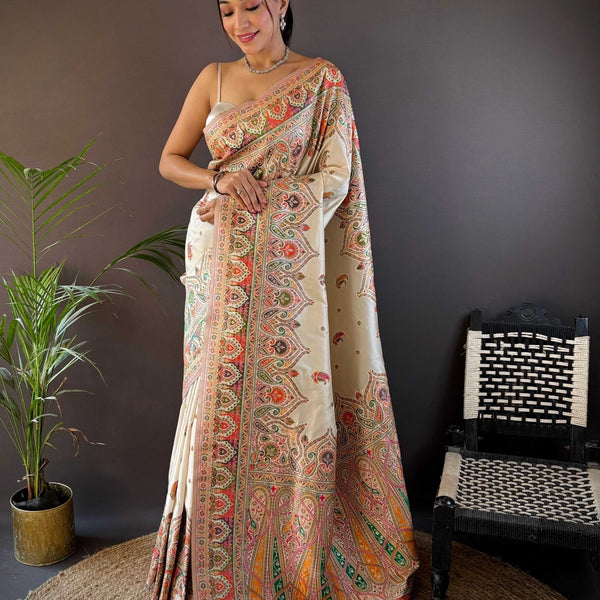 Sonakshi Women's Off White Pashmina Silk Zari Woven Traditional Saree with Blouse - Distacart