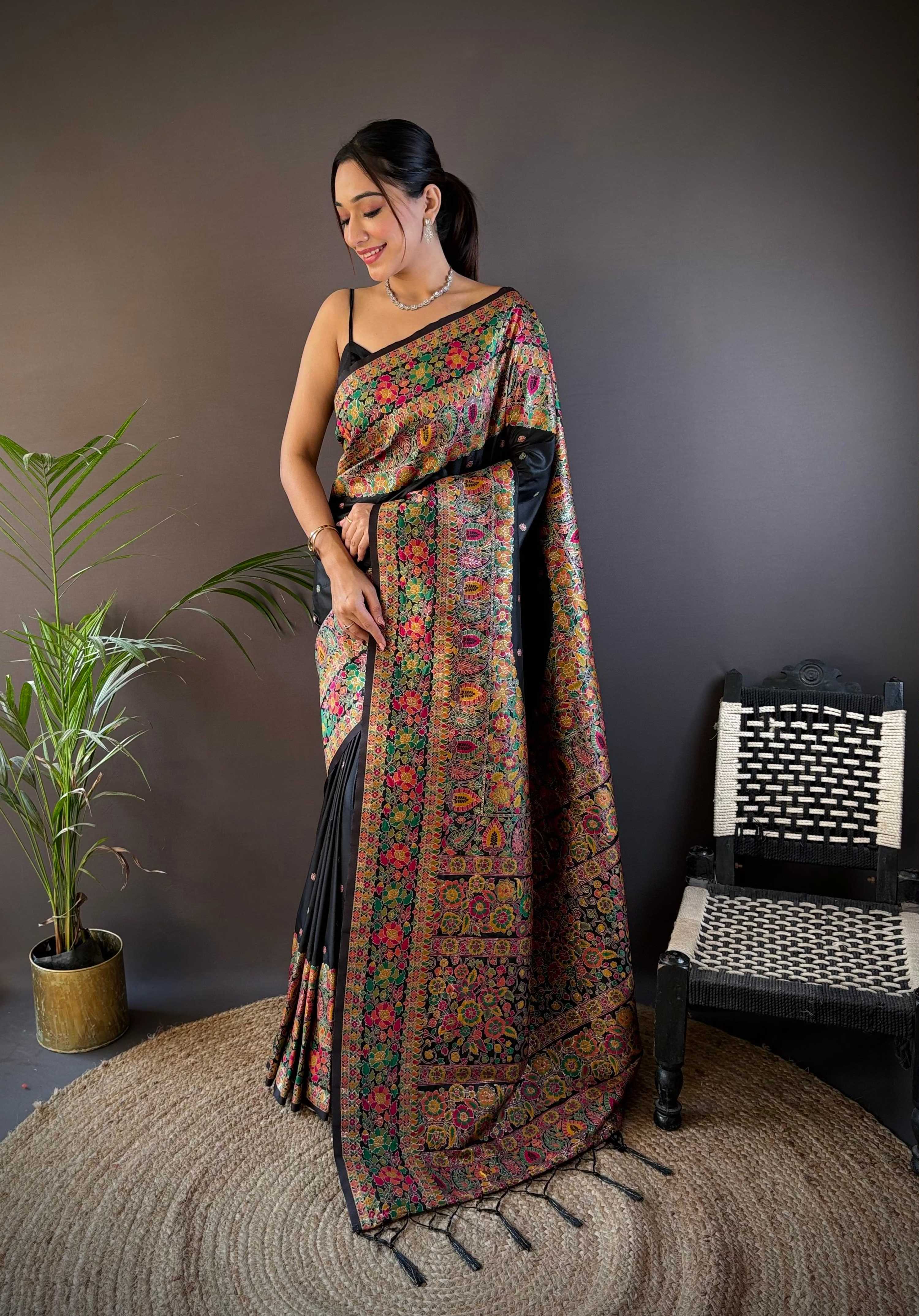 Sonakshi Women's Black Pashmina Silk Zari Woven Traditional Saree with Blouse