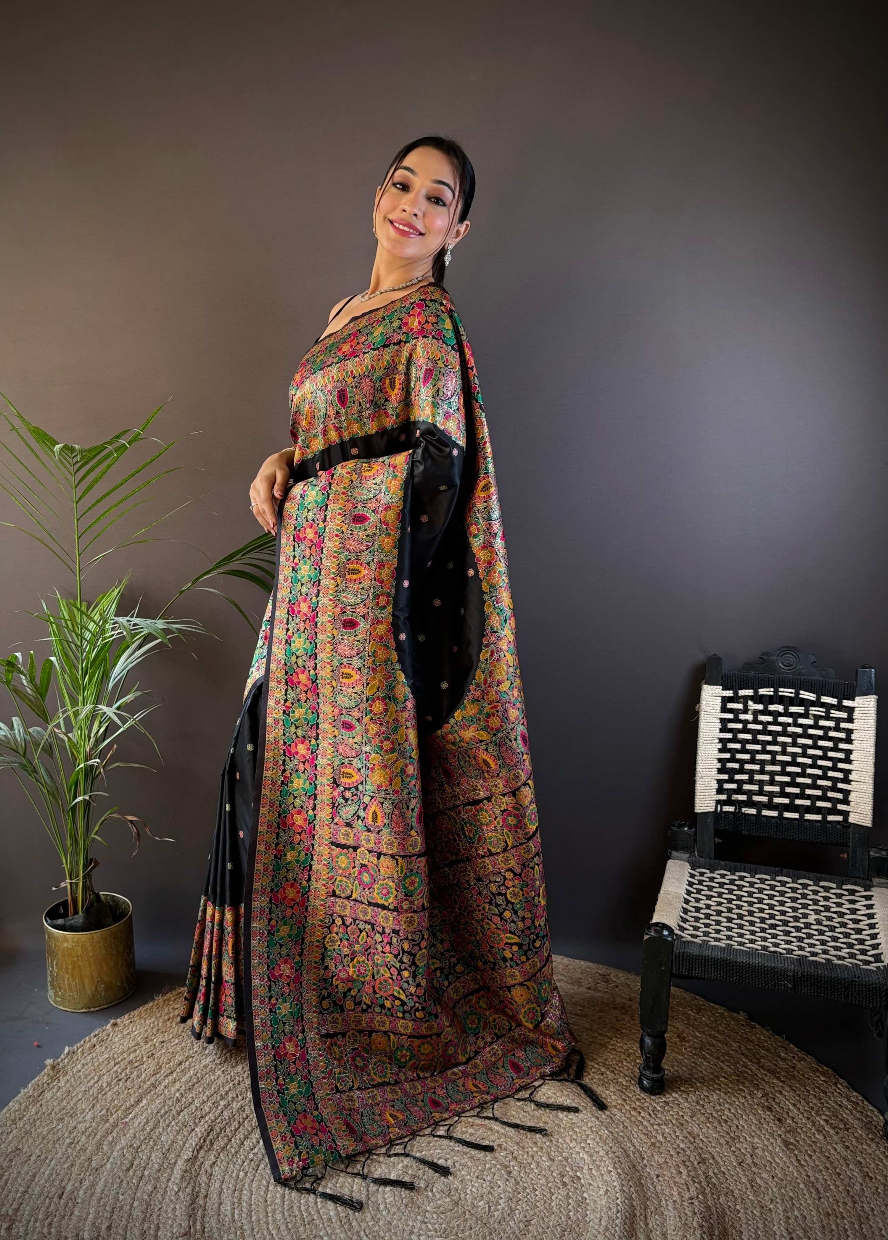 Sonakshi Women's Black Pashmina Silk Zari Woven Traditional Saree with Blouse