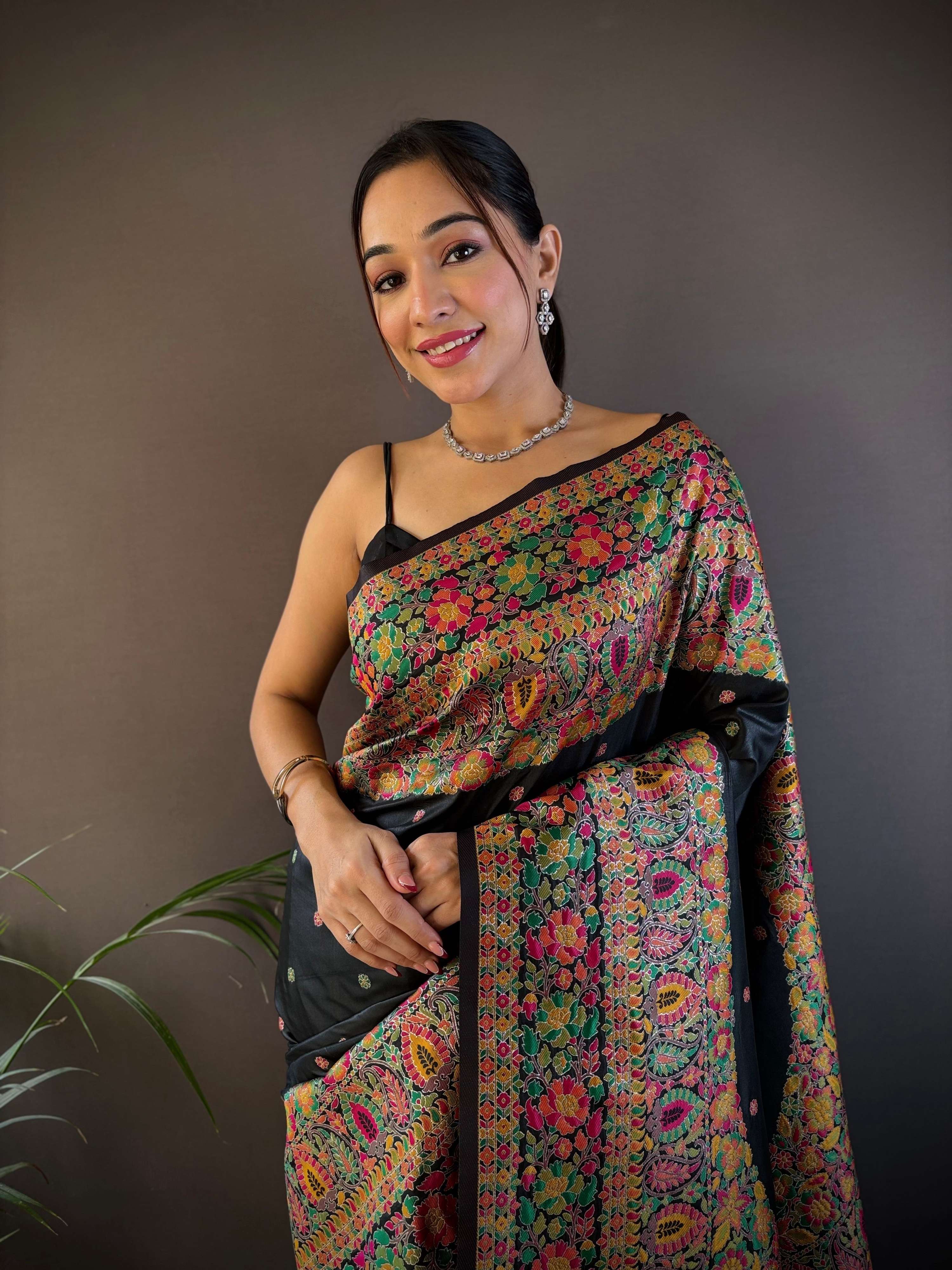 Sonakshi Women's Black Pashmina Silk Zari Woven Traditional Saree with Blouse