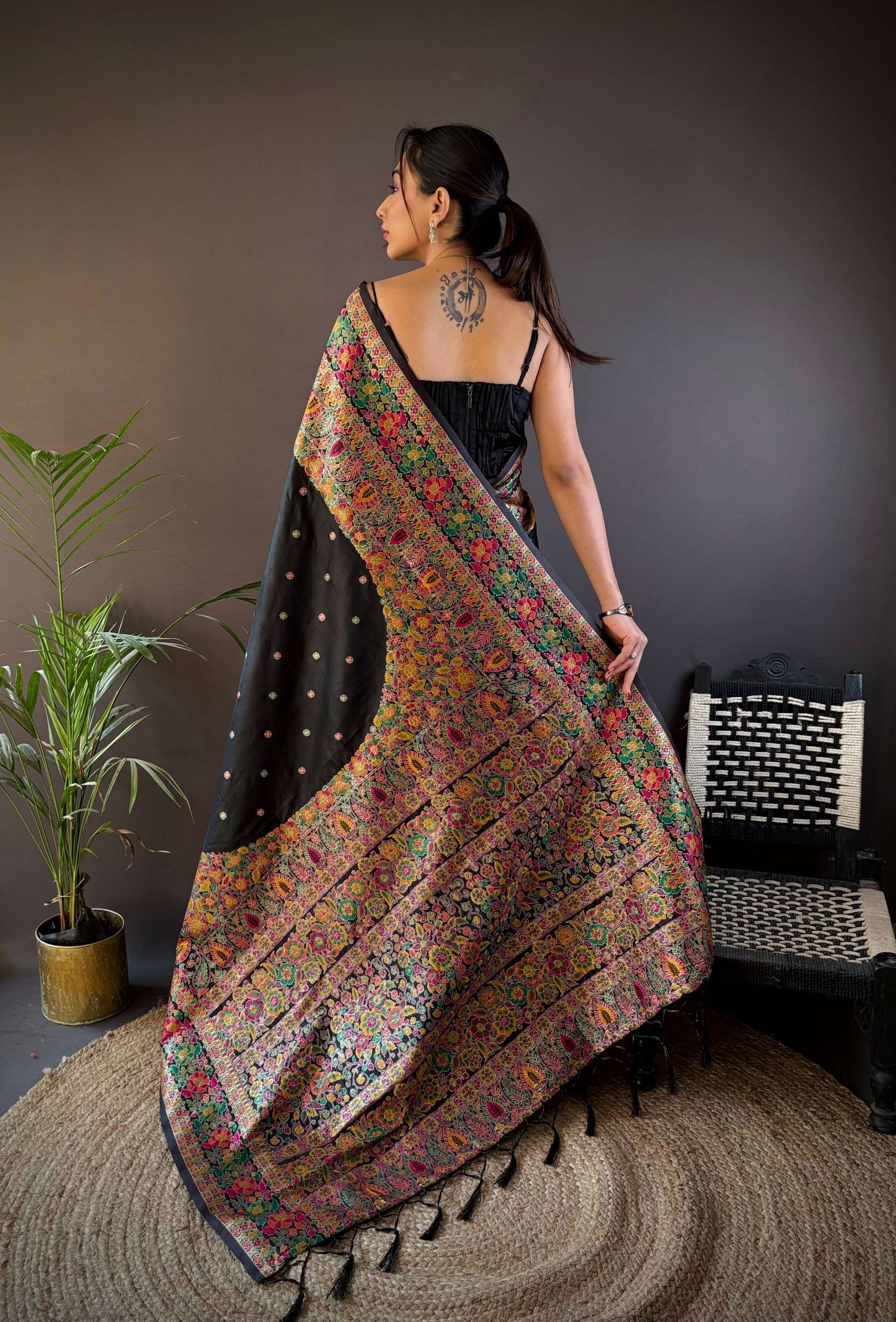 Sonakshi Women's Black Pashmina Silk Zari Woven Traditional Saree with Blouse