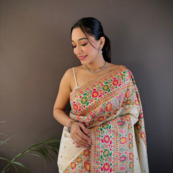 Sonakshi Women's Off White Pashmina Silk Zari Woven Traditional Saree with Blouse - Distacart