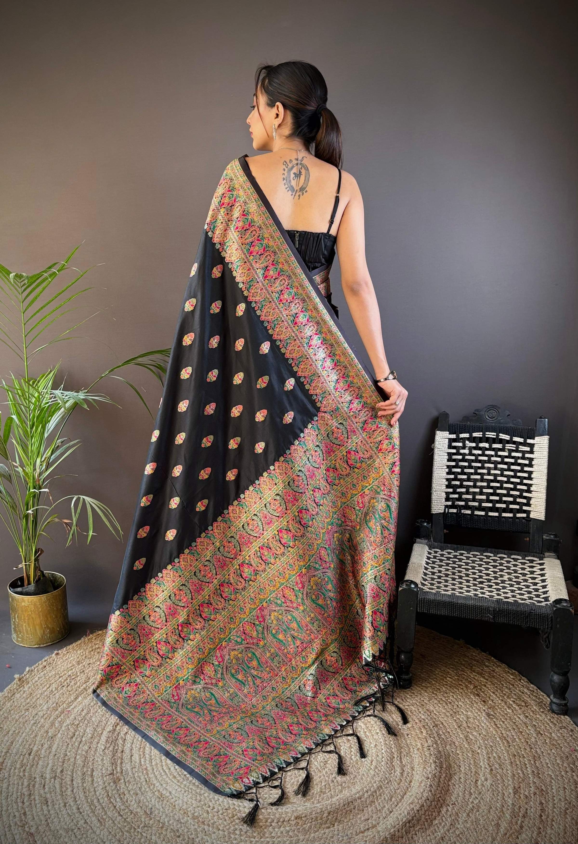 Sonakshi Women's Black Pashmina Silk Zari Woven Traditional Saree with Blouse