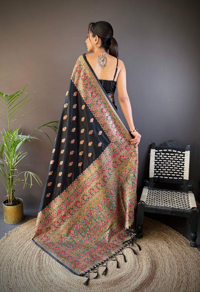 Sonakshi Women's Black Pashmina Silk Zari Woven Traditional Saree with Blouse